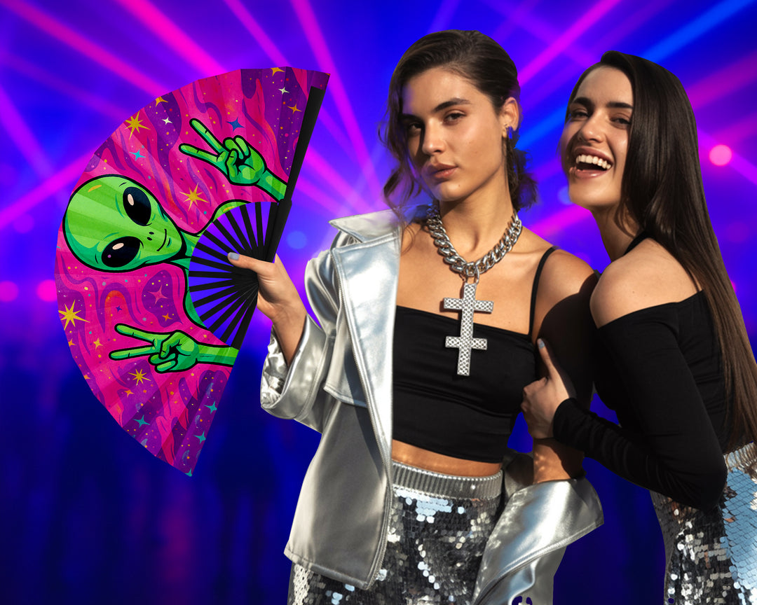 Trippy Alien Rave Fan, Festival Accessories, Peace Sign Hand Fan, EDM Party Fan, Drag Clack Fan, Large Folding Bamboo Fan,26 Inches