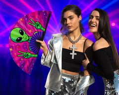 Trippy Alien Rave Fan, Festival Accessories, Peace Sign Hand Fan, EDM Party Fan, Drag Clack Fan, Large Folding Bamboo Fan,26 Inches