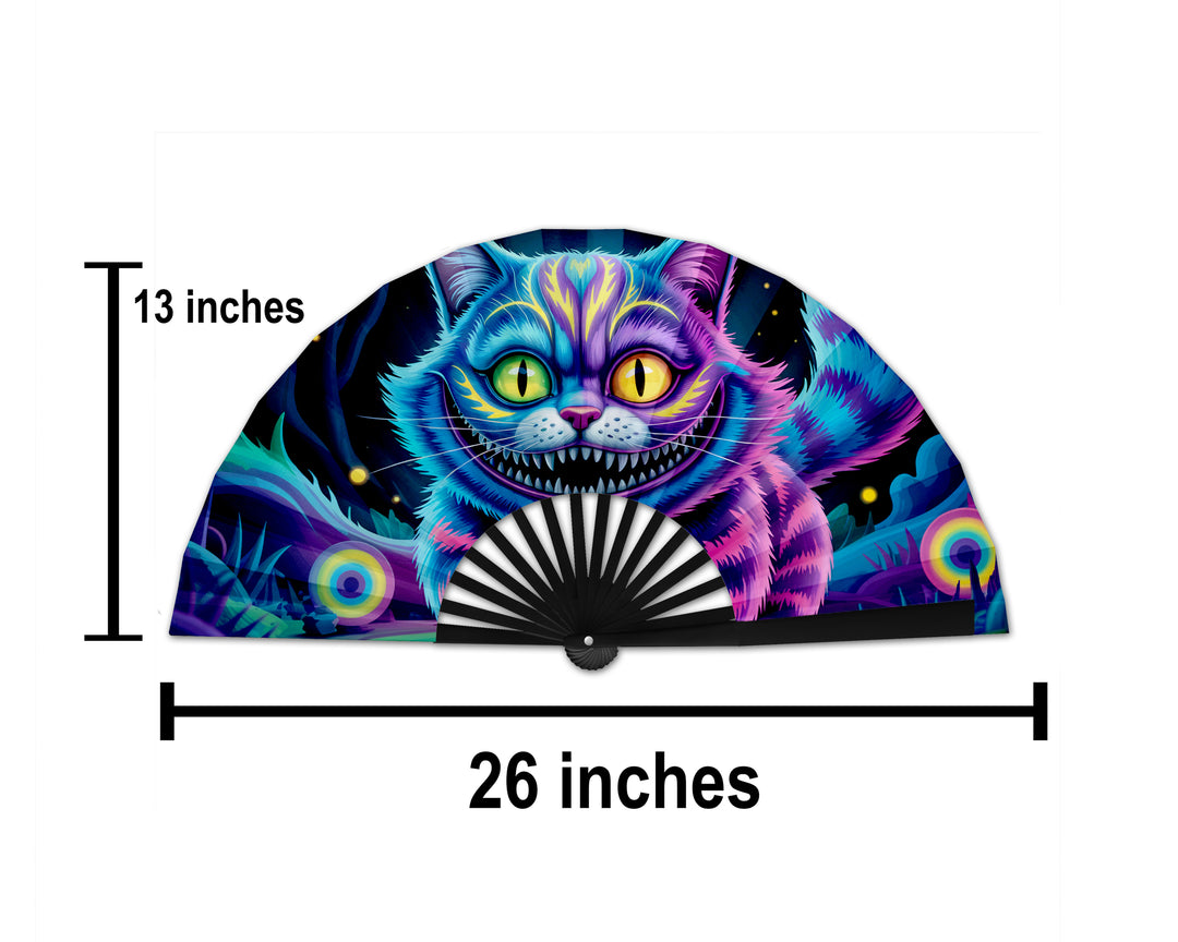 Neon Cheshire Cat Folding Fan – UV Blacklight Reactive | 26" Rave Clack Fan for Festivals, Clubs, and EDM Events
