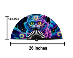 Neon Cheshire Cat Folding Fan – UV Blacklight Reactive | 26" Rave Clack Fan for Festivals, Clubs, and EDM Events
