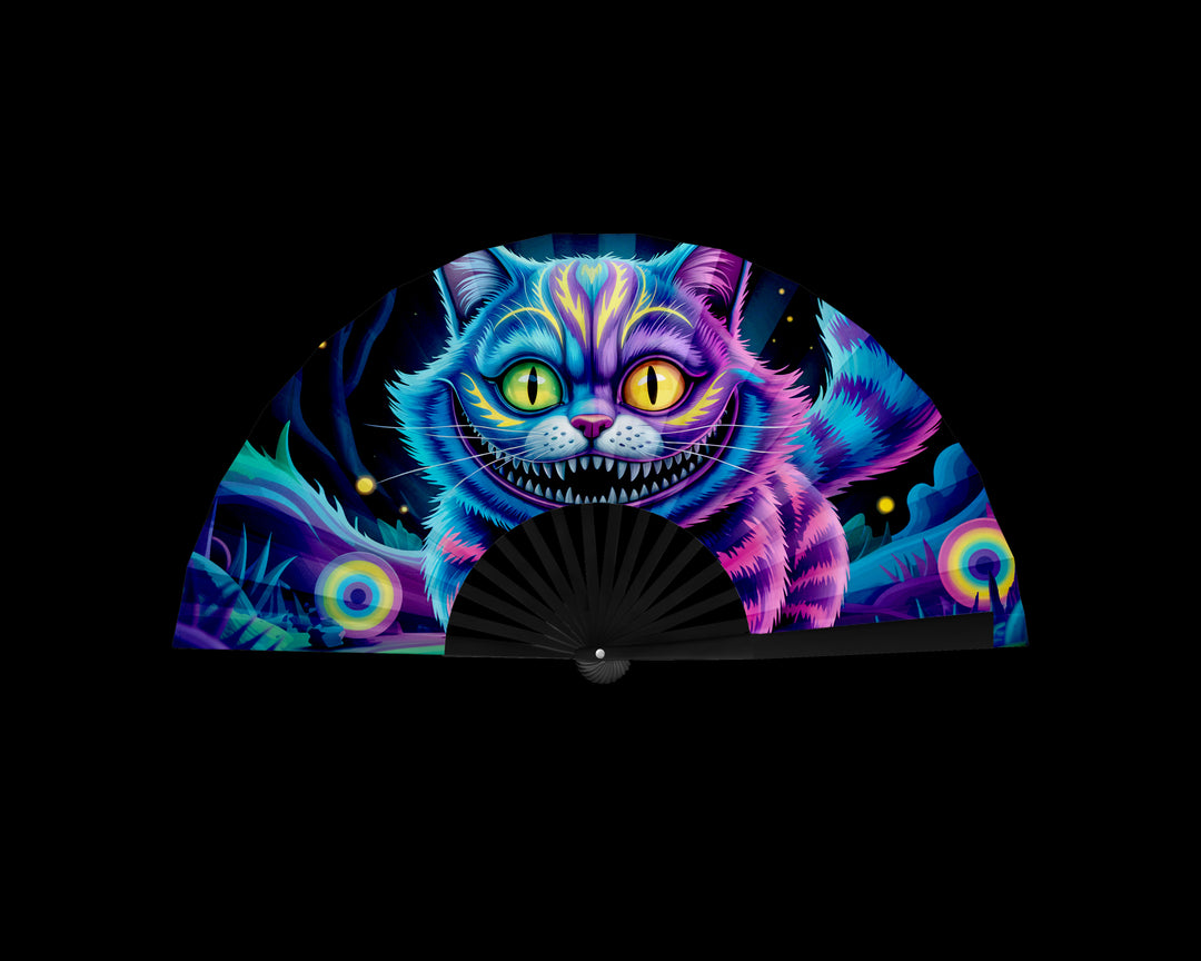 Neon Cheshire Cat Folding Fan – UV Blacklight Reactive | 26" Rave Clack Fan for Festivals, Clubs, and EDM Events