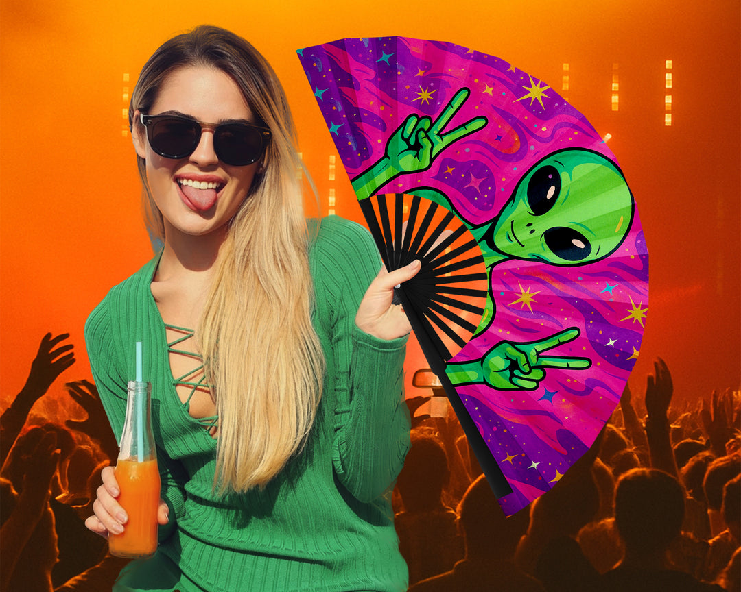 Trippy Alien Rave Fan, Festival Accessories, Peace Sign Hand Fan, EDM Party Fan, Drag Clack Fan, Large Folding Bamboo Fan,26 Inches