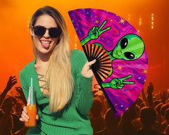 Trippy Alien Rave Fan, Festival Accessories, Peace Sign Hand Fan, EDM Party Fan, Drag Clack Fan, Large Folding Bamboo Fan,26 Inches