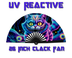 Neon Cheshire Cat Folding Fan – UV Blacklight Reactive | 26" Rave Clack Fan for Festivals, Clubs, and EDM Events