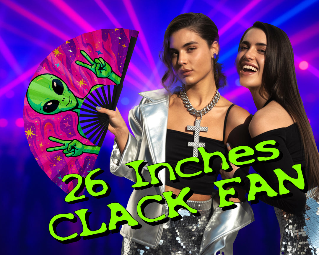 Trippy Alien Rave Fan, Festival Accessories, Peace Sign Hand Fan, EDM Party Fan, Drag Clack Fan, Large Folding Bamboo Fan,26 Inches