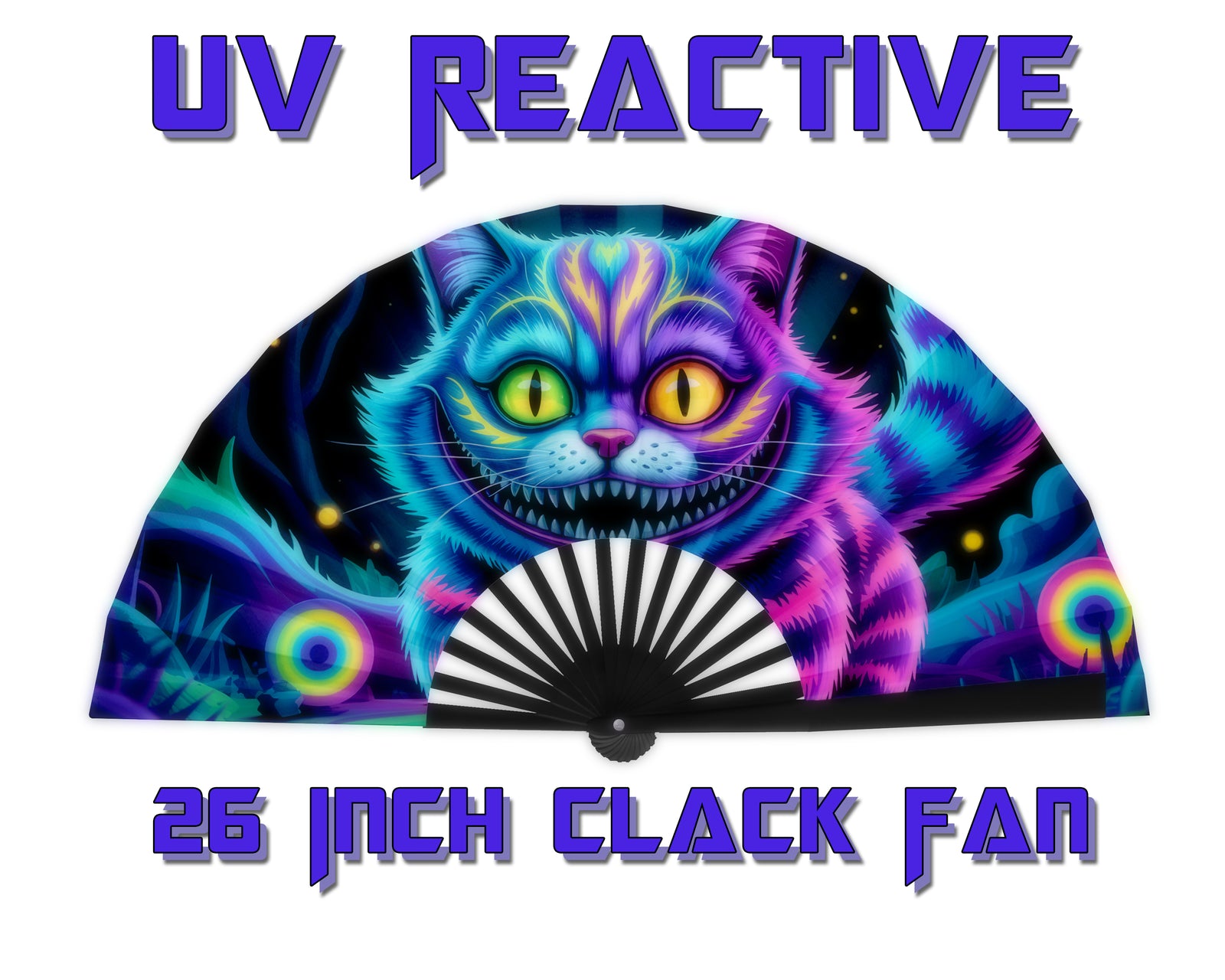 Neon Cheshire Cat Folding Fan – UV Blacklight Reactive | 26" Rave Clack Fan for Festivals, Clubs, and EDM Events