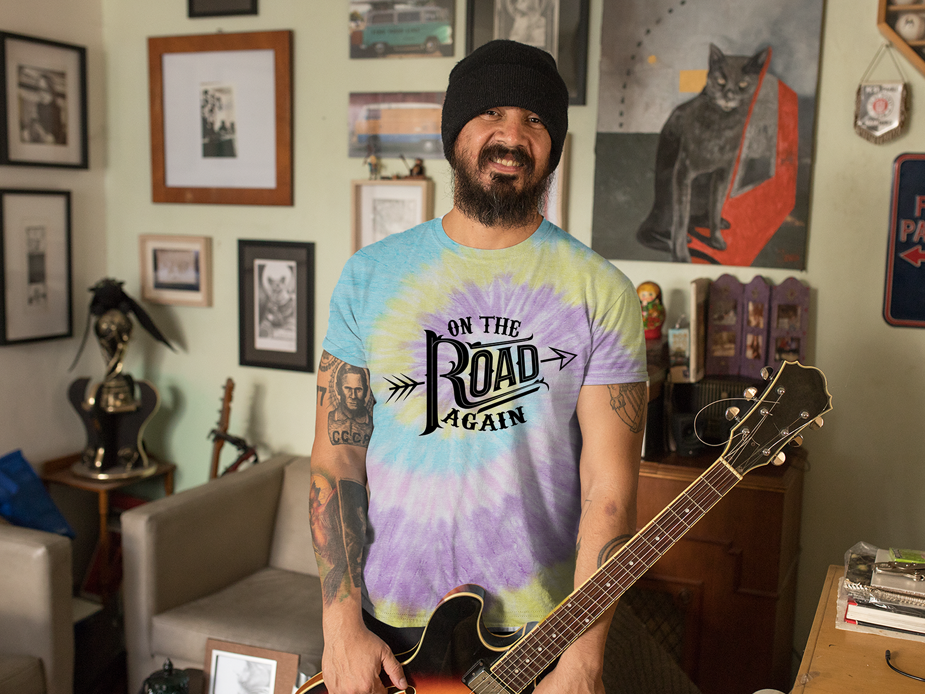 On The Road Again Hippy Country Music Mens T-shirt Tie-Dye Rainbow Reactive