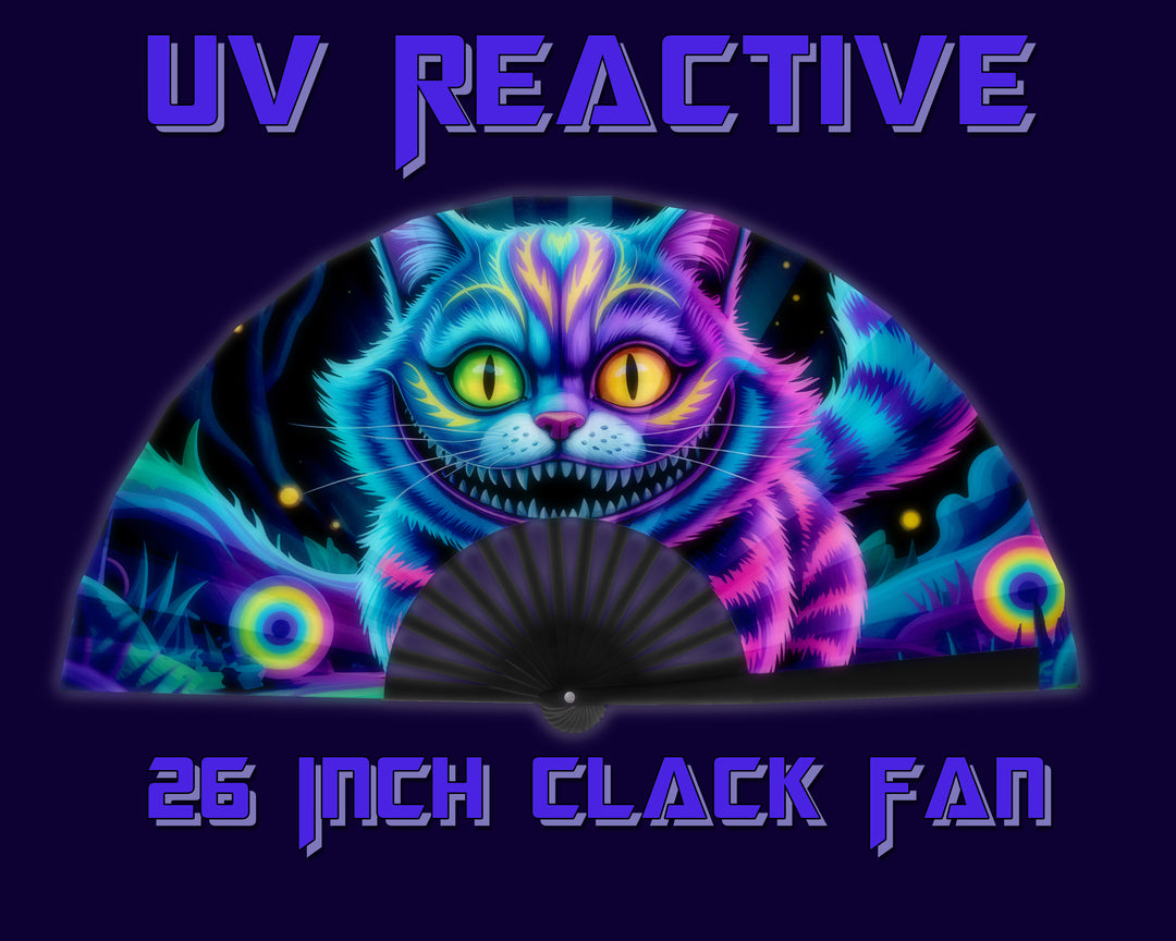 Neon Cheshire Cat Folding Fan – UV Blacklight Reactive | 26" Rave Clack Fan for Festivals, Clubs, and EDM Events