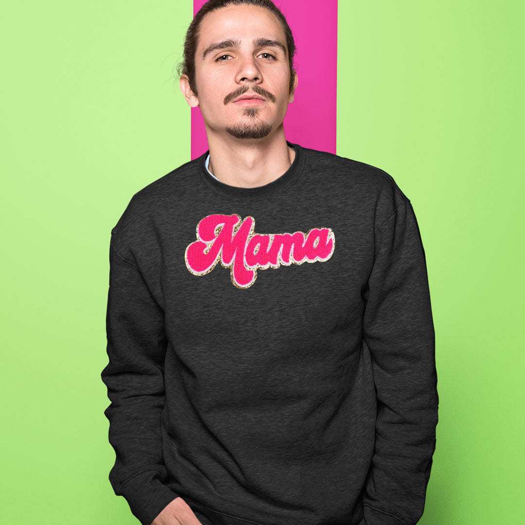 Mama Hot Pink Glitter Chenille Patch Adult Crewneck Sweatshirt 