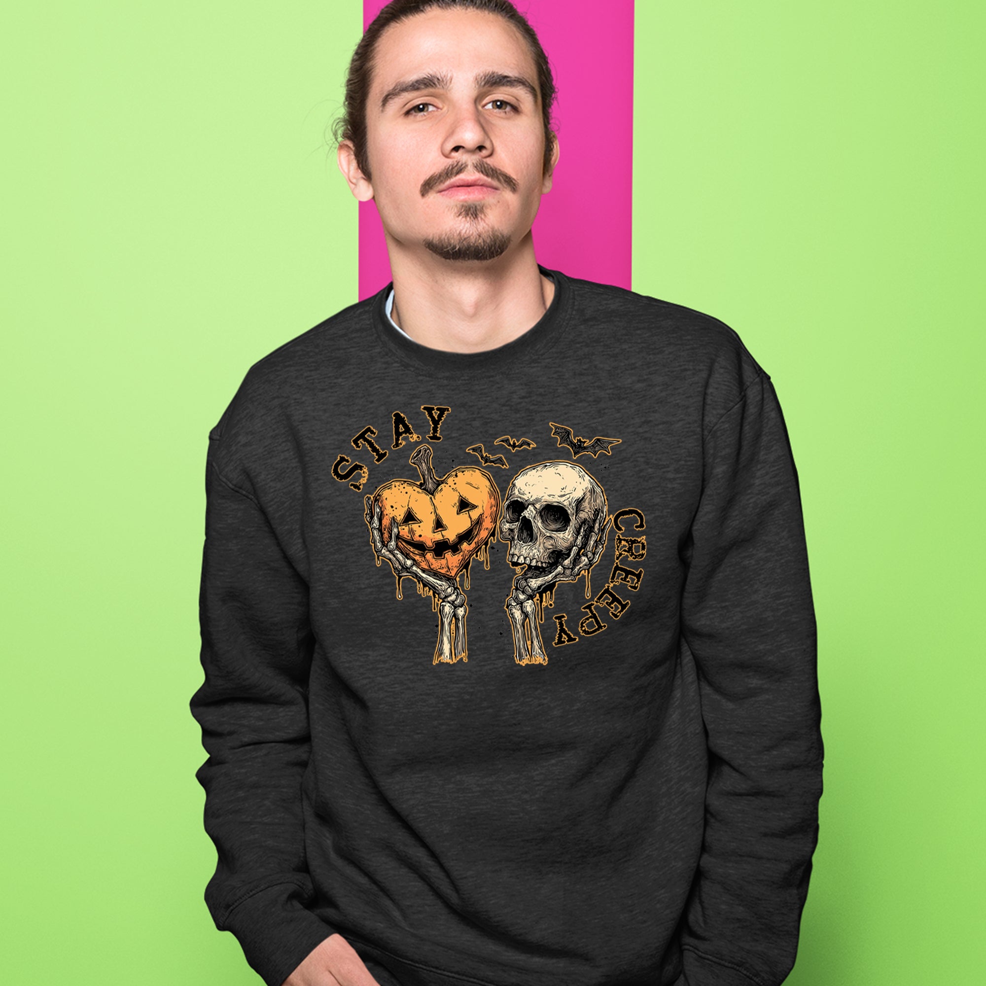 Stay Creepy Skull and Pumpkin Halloween Adult Crewneck Sweatshirt 