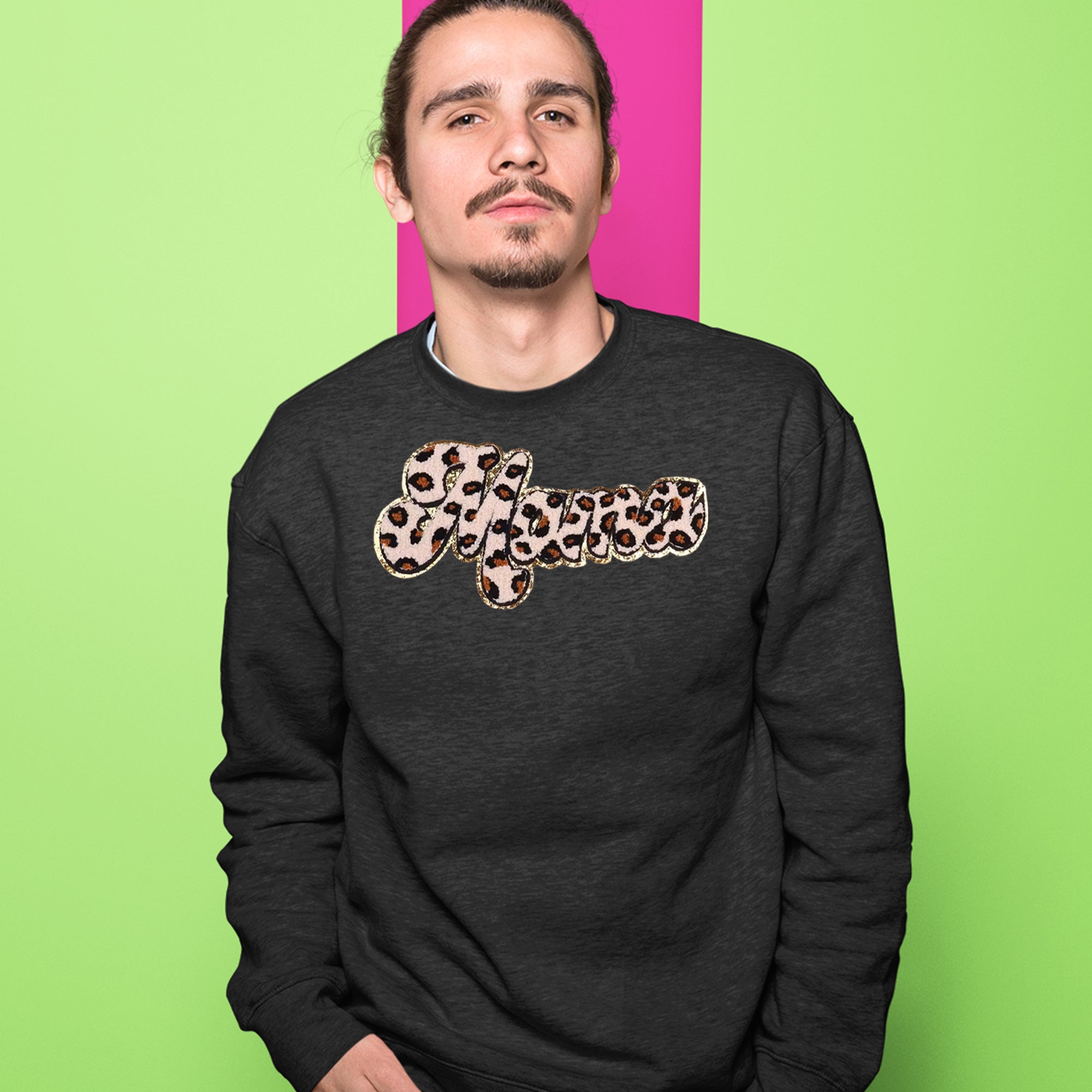 Mama Cheetah Print Glitter Chenille Patch Adult Crewneck Sweatshirt 