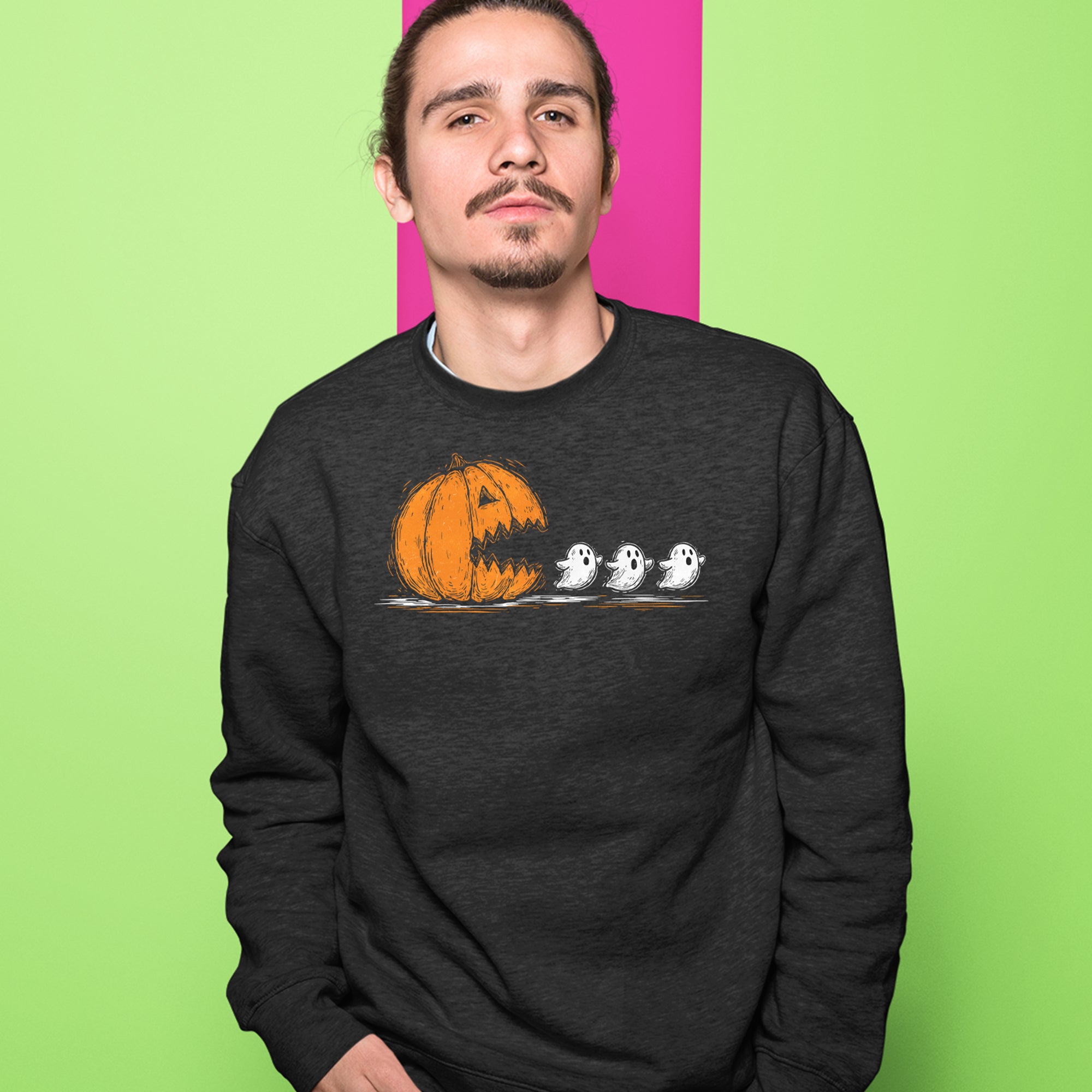 Pumpkin Pacman Chasing Ghosts Halloween Adult Crewneck Sweatshirt 