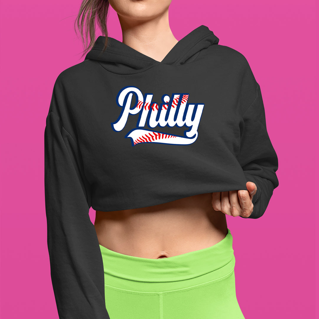 Philly Baseball Stitching graphic on Women's Cropped Fleece Hoodie alternate view 2