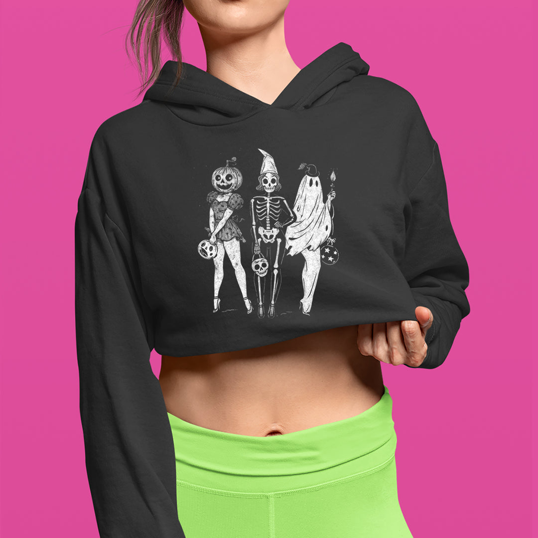 Vintage Spooky Squad Pinup Halloween Design Cropped Hoodie Sweatshirt