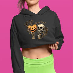 Stay Creepy Skull and Pumpkin Halloween Cropped Hoodie Sweatshirt 