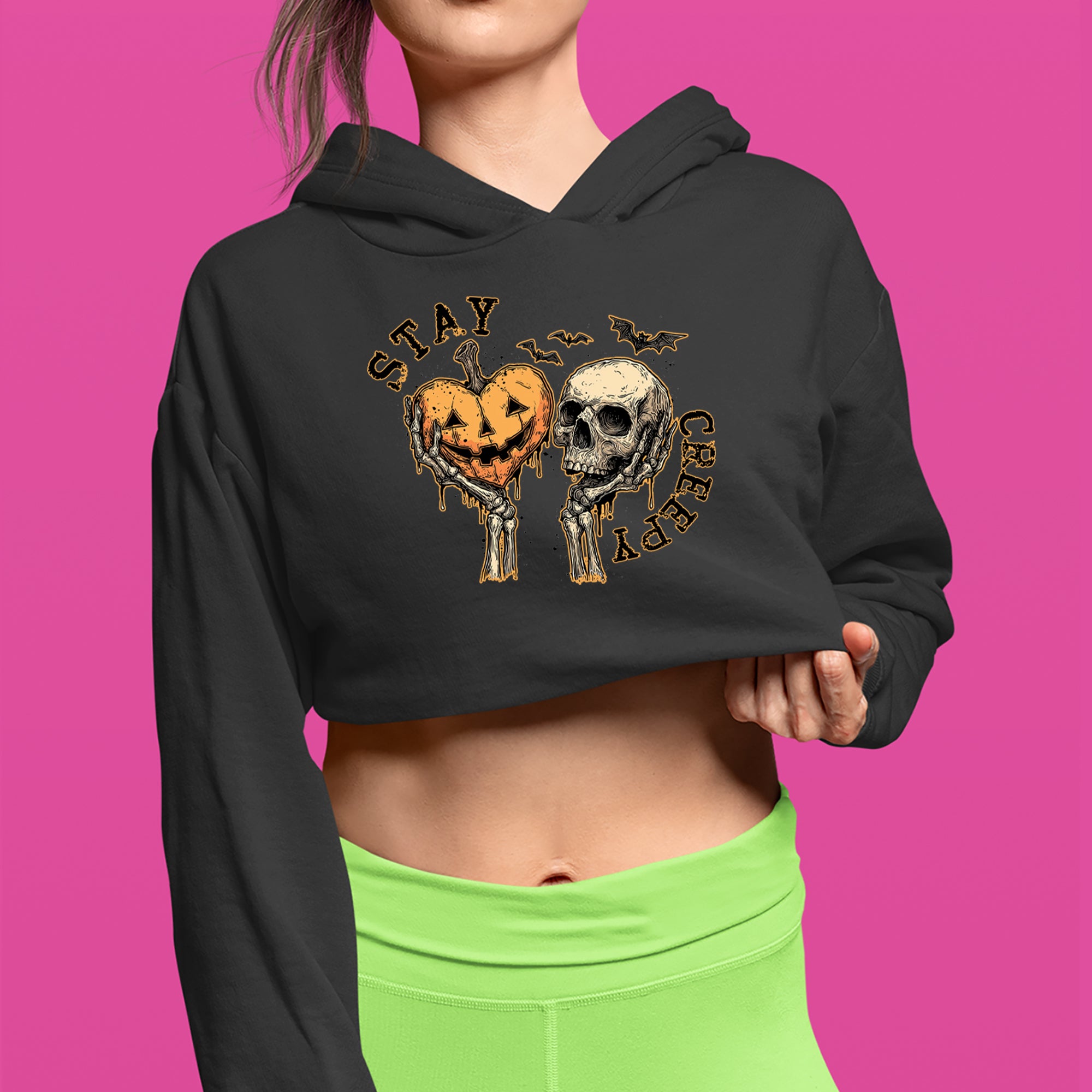 Stay Creepy Skull and Pumpkin Halloween Cropped Hoodie Sweatshirt 