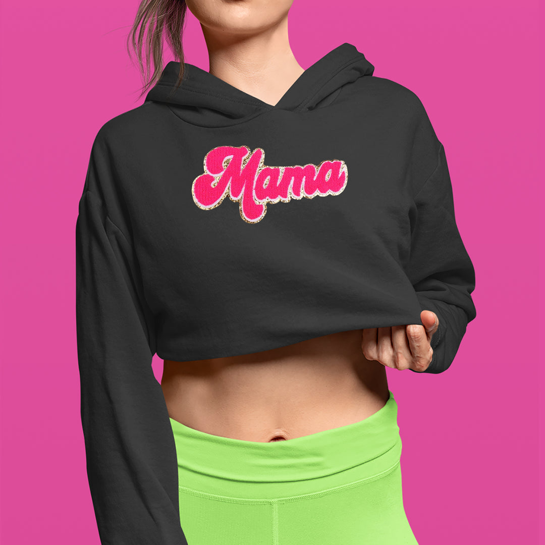 Mama Hot Pink Glitter Chenille Patch Cropped Hoodie Sweatshirt 