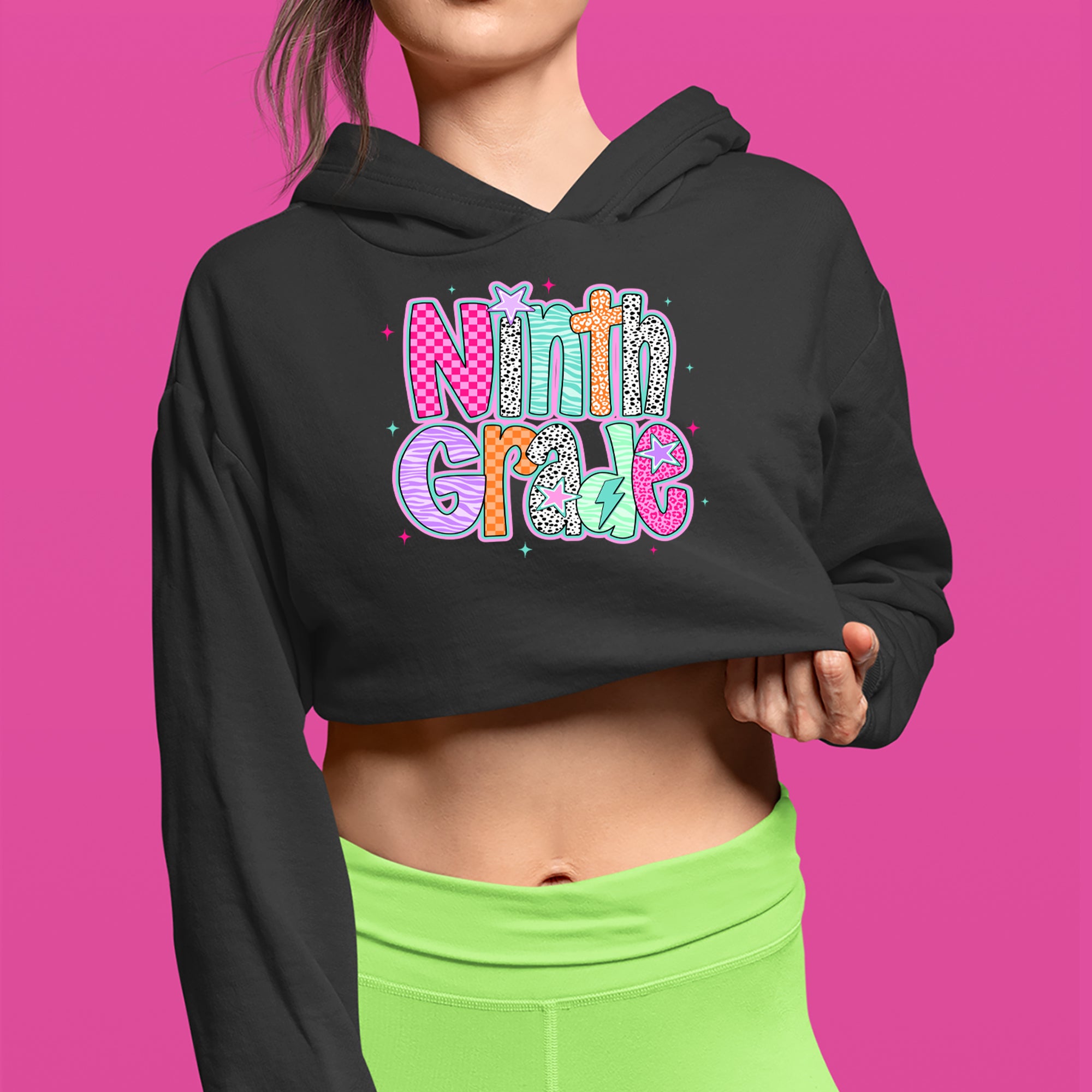 Ninth Grade Freshman Vibes Colorful Back to School Cropped Hoodie Sweatshirt 