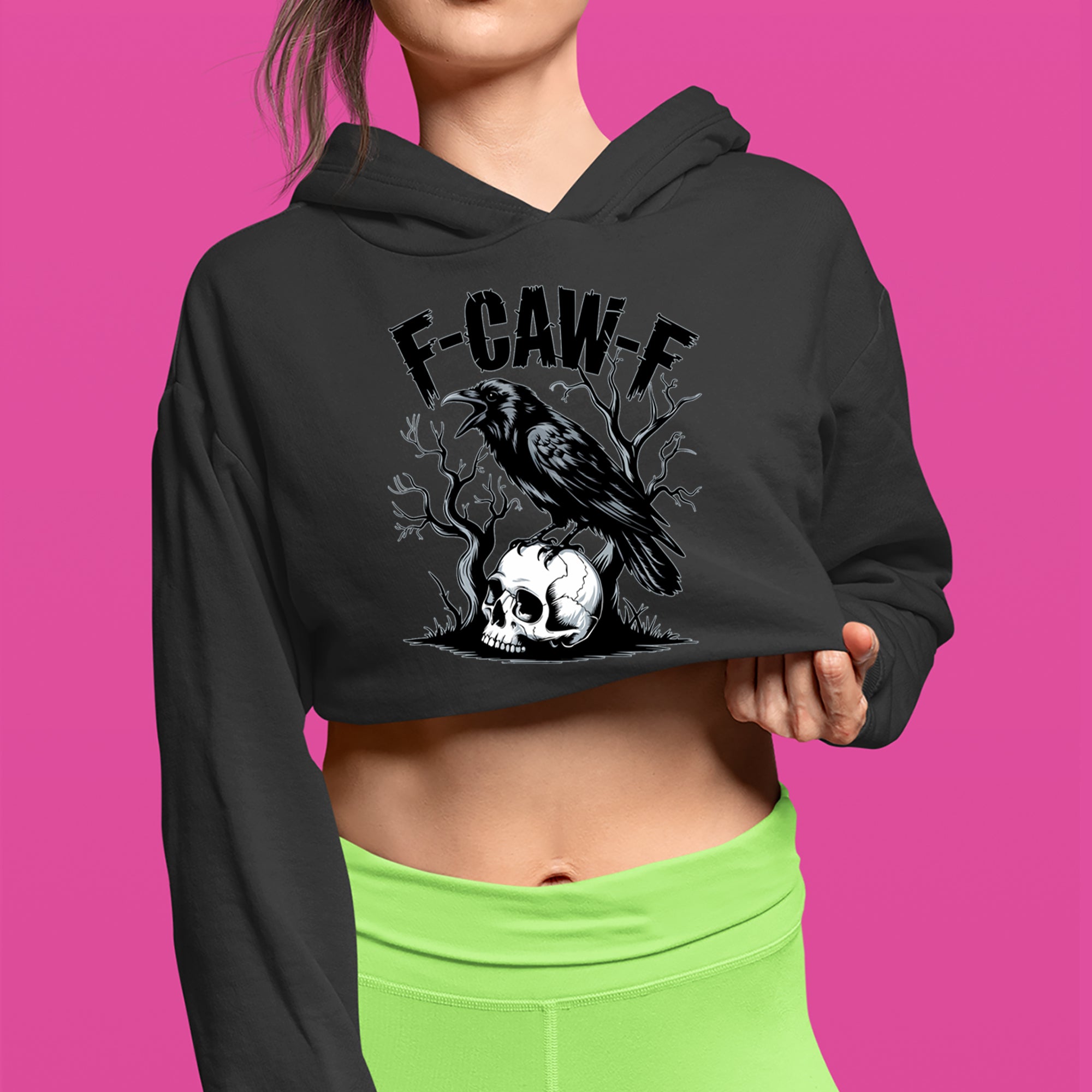 F-Caw-F Crow On Skull F-ck Off Gothic Cropped Hoodie Sweatshirt 
