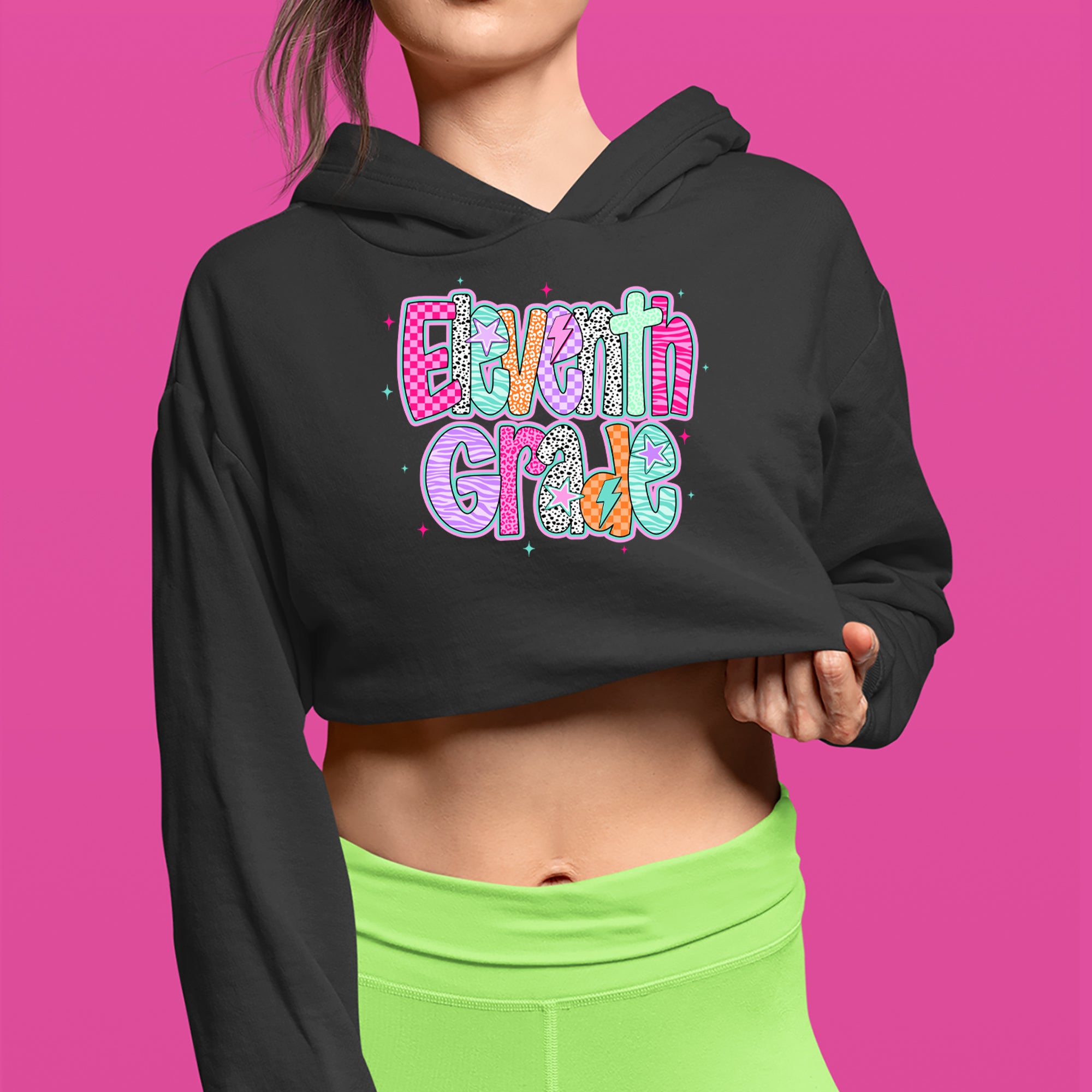 Eleventh Grade Extra Colorful Back to School Cropped Hoodie Sweatshirt 