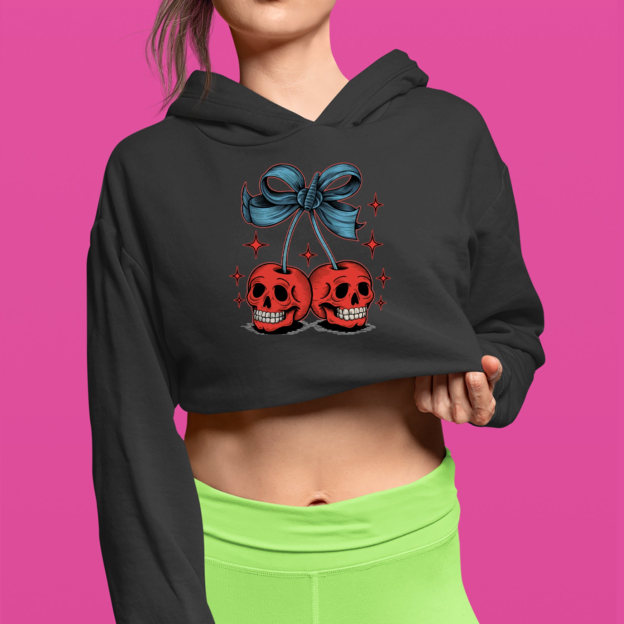 Cherry Skulls Retro Tattoo Cropped Hoodie Sweatshirt 