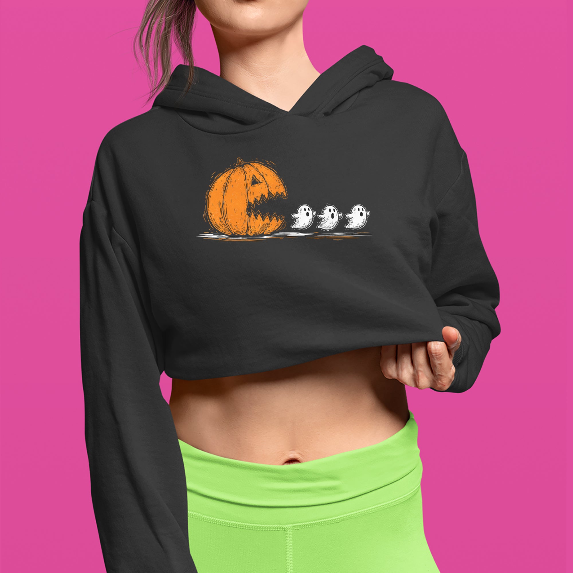 Pumpkin Pacman Chasing Ghosts Halloween Cropped Hoodie Sweatshirt 