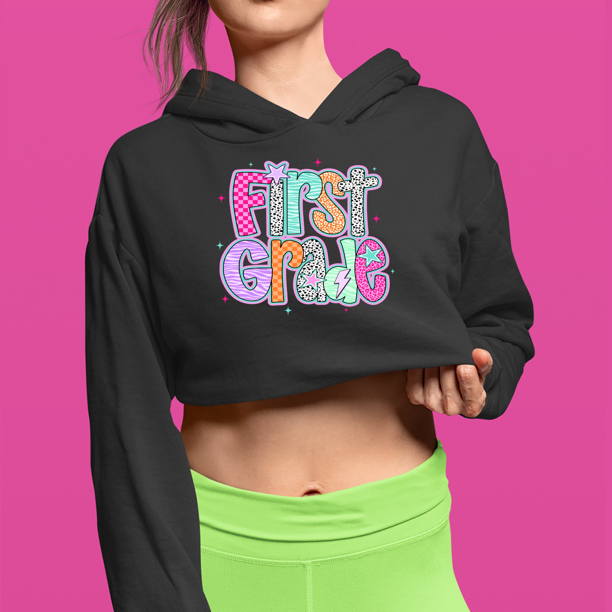 First Grade Vibes Colorful Back to School Cropped Hoodie Sweatshirt 