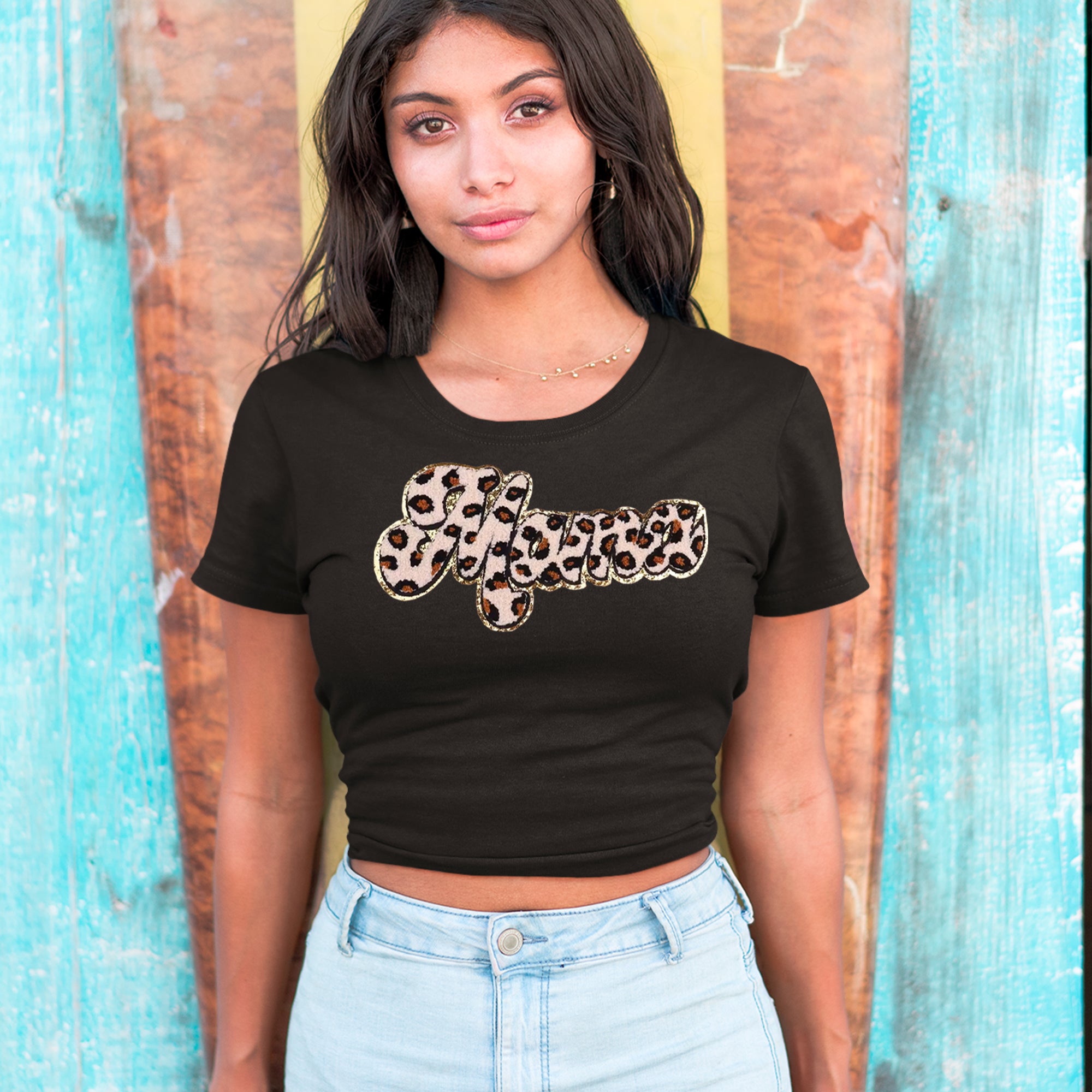 Mama Cheetah Print Glitter Chenille Patch Cropped T-Shirt 