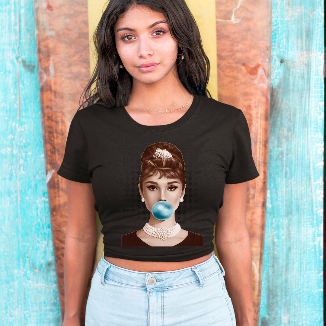 Audrey Hepburn Chewing Bubble Gum American Icon Cropped T-Shirt 