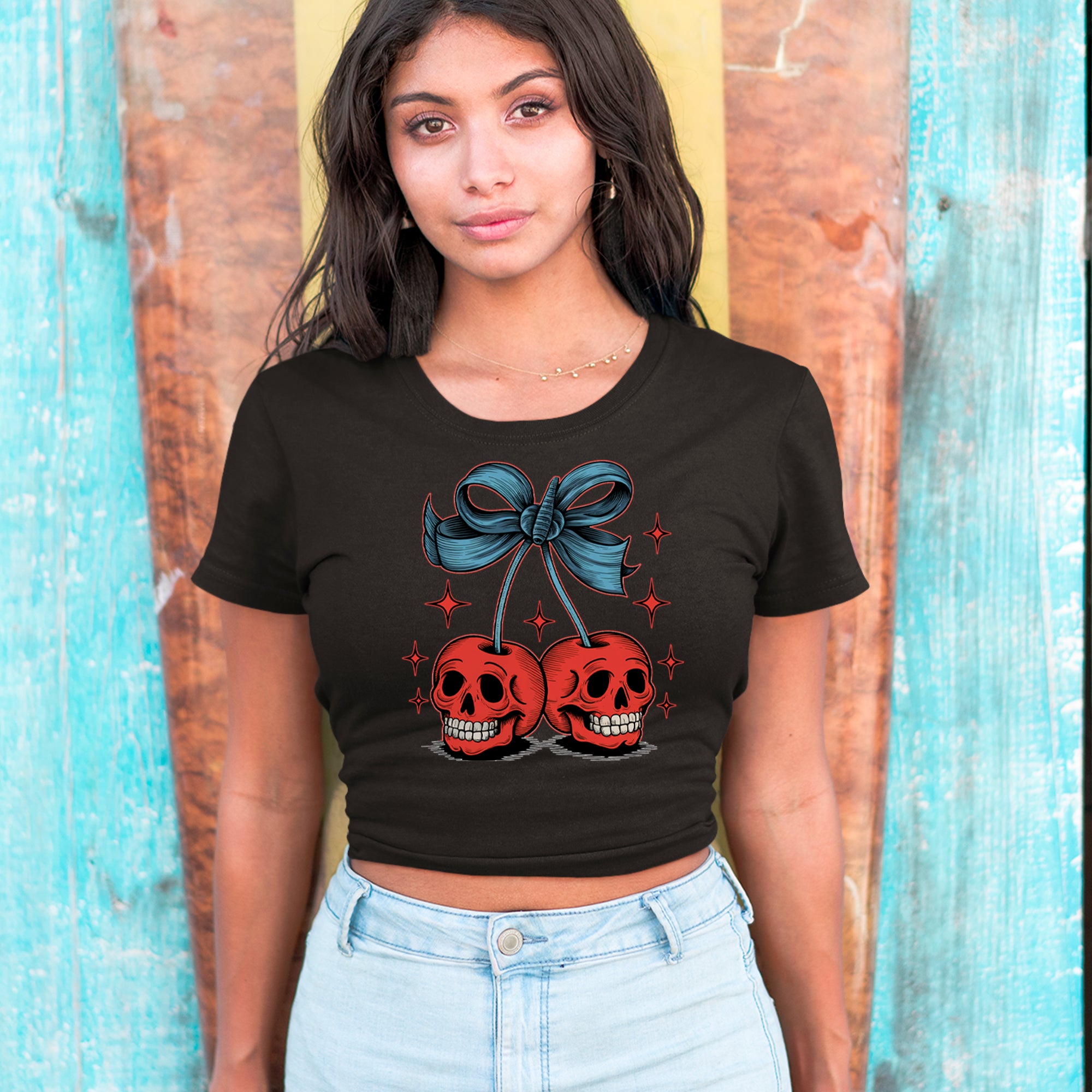 Cherry Skulls Retro Tattoo Cropped T-Shirt 