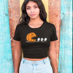 Pumpkin Pacman Chasing Ghosts Halloween Cropped T-Shirt 