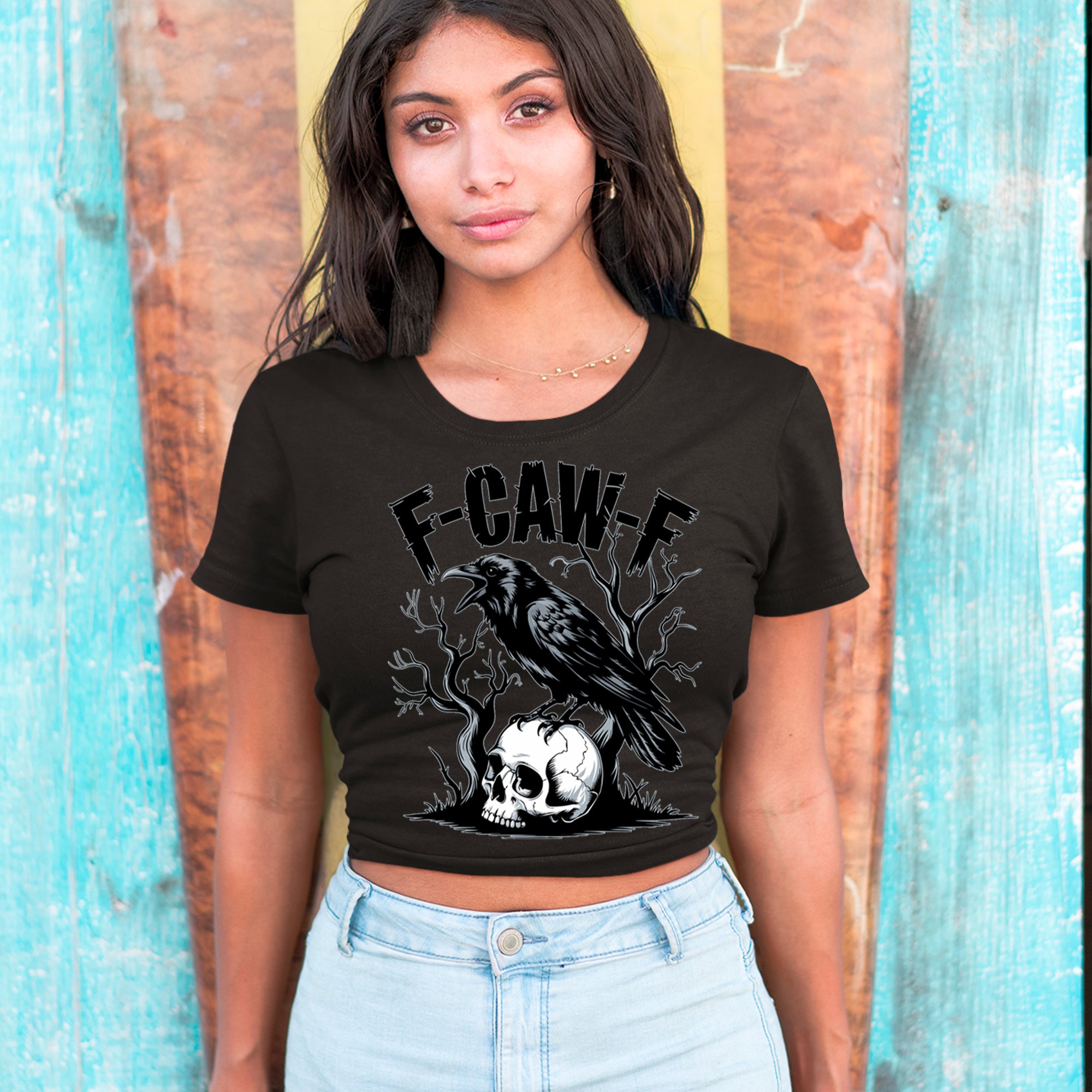 F-Caw-F Crow On Skull F-ck Off Gothic Cropped T-Shirt 