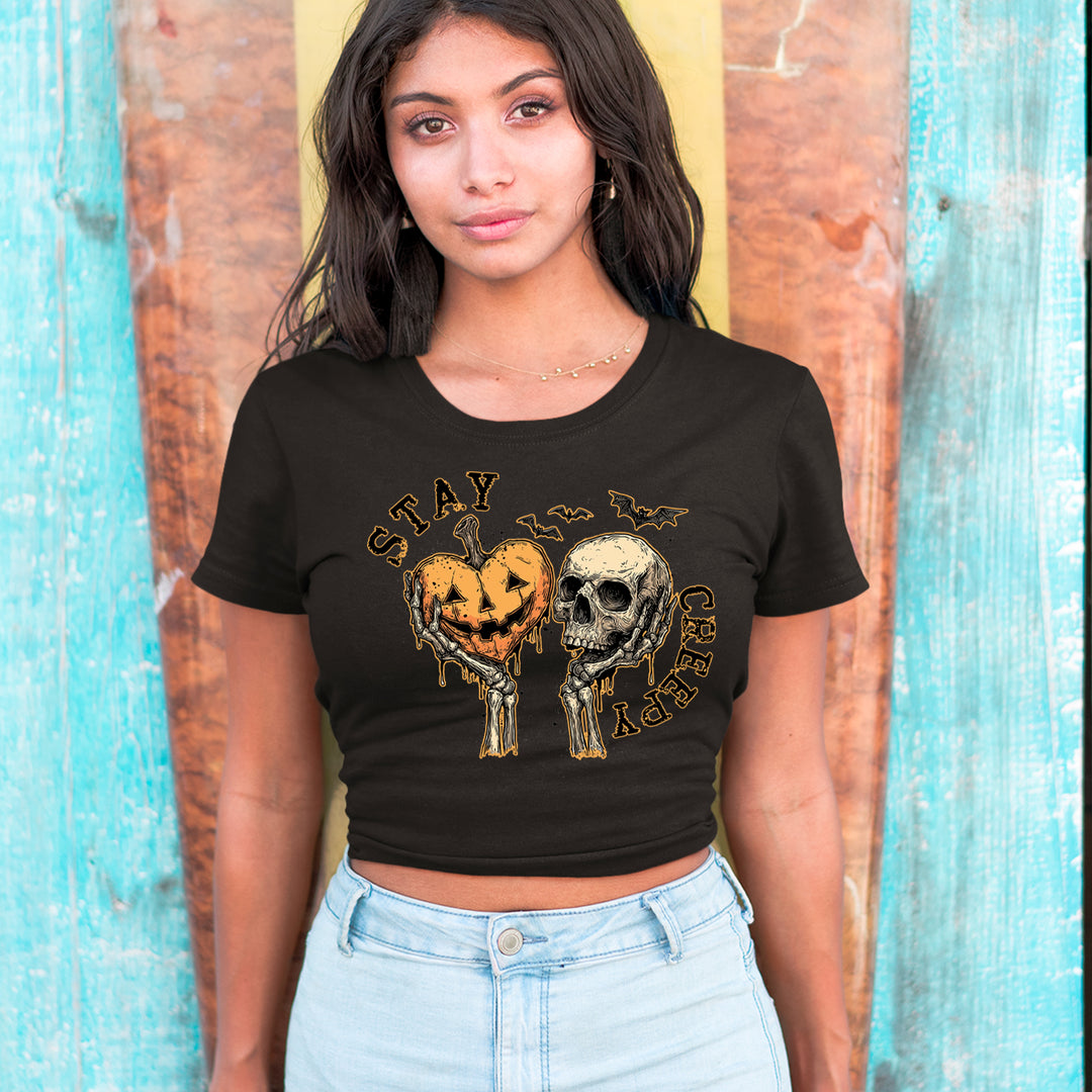 Stay Creepy Skull and Pumpkin Halloween Cropped T-Shirt 