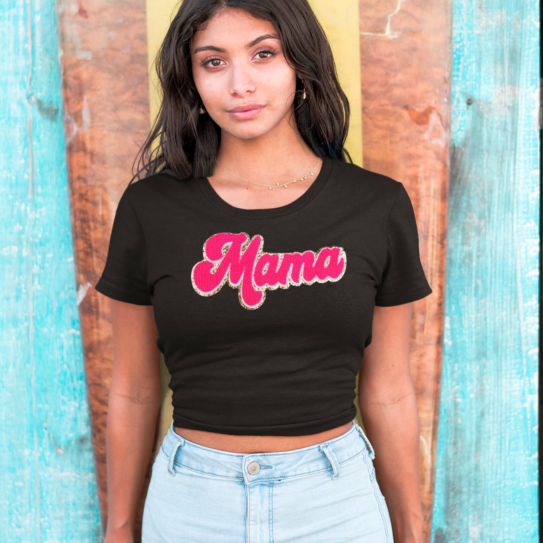 Mama Hot Pink Glitter Chenille Patch Cropped T-Shirt 