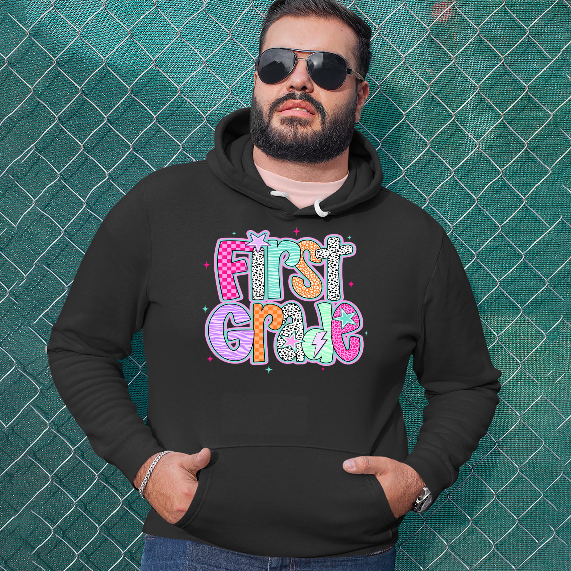 First Grade Vibes Colorful Back to School Adult Hoodie Sweatshirt 