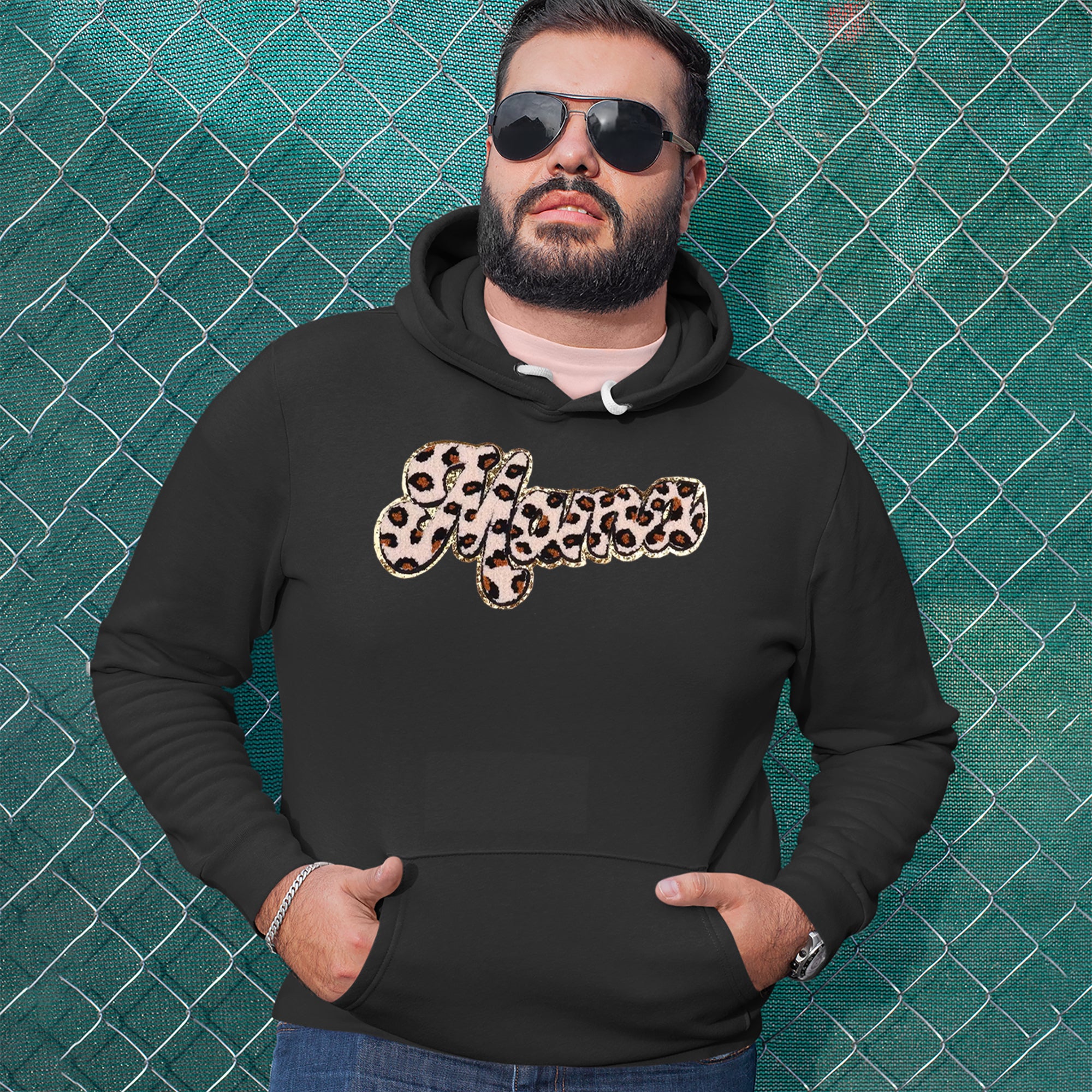 Mama Cheetah Print Glitter Chenille Patch Adult Hoodie Sweatshirt 