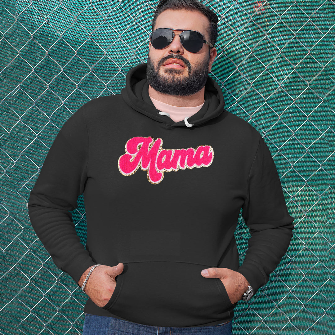 Mama Hot Pink Glitter Chenille Patch Adult Hoodie Sweatshirt 
