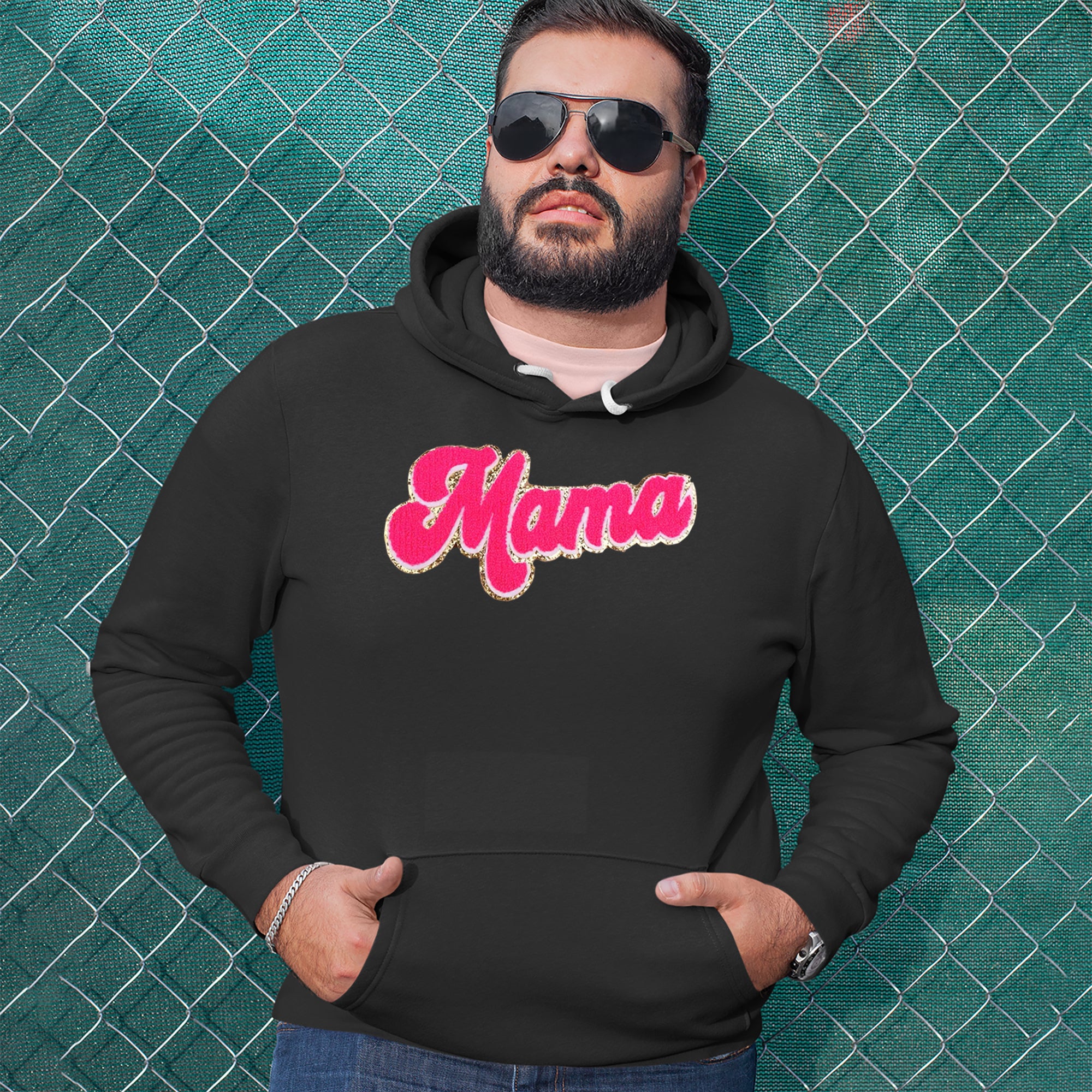 Mama Hot Pink Glitter Chenille Patch Adult Hoodie Sweatshirt 