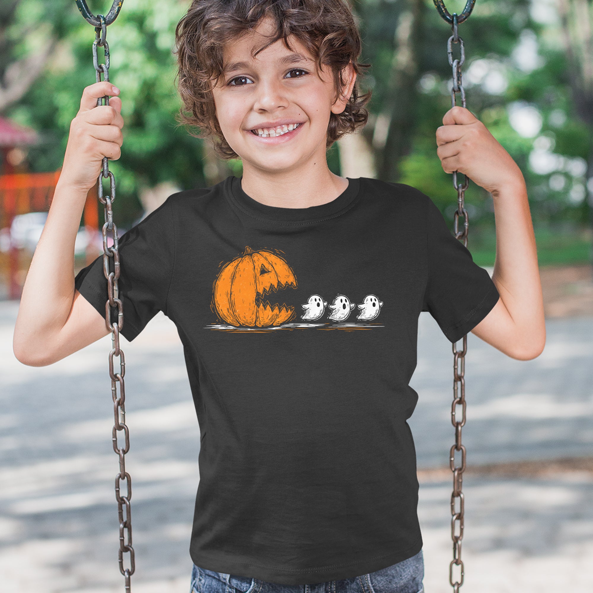Pumpkin Pacman Chasing Ghosts Halloween Youth T-shirt 