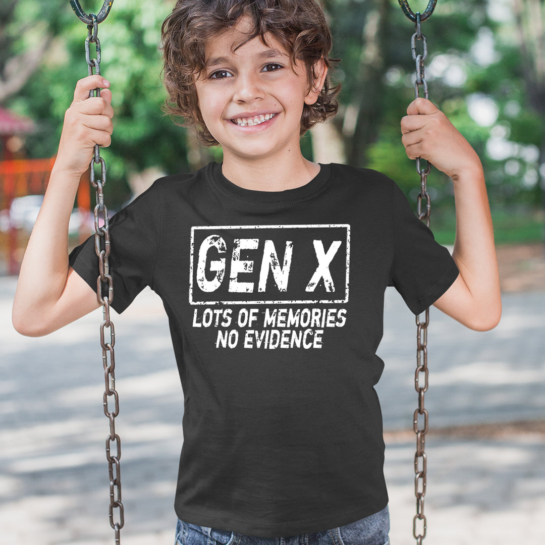 Gen X Lots of Memories No Evidence Nostalgia graphic on Kids' Heavyweight Cotton T-Shirt alternate view 2