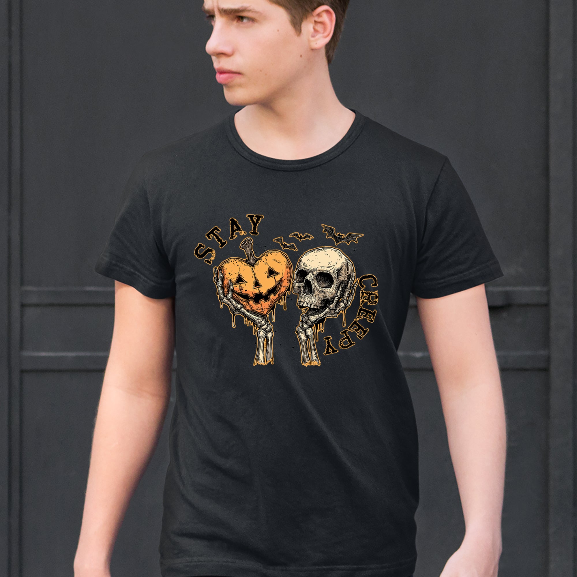 Stay Creepy Skull and Pumpkin Halloween Mens T-shirt 