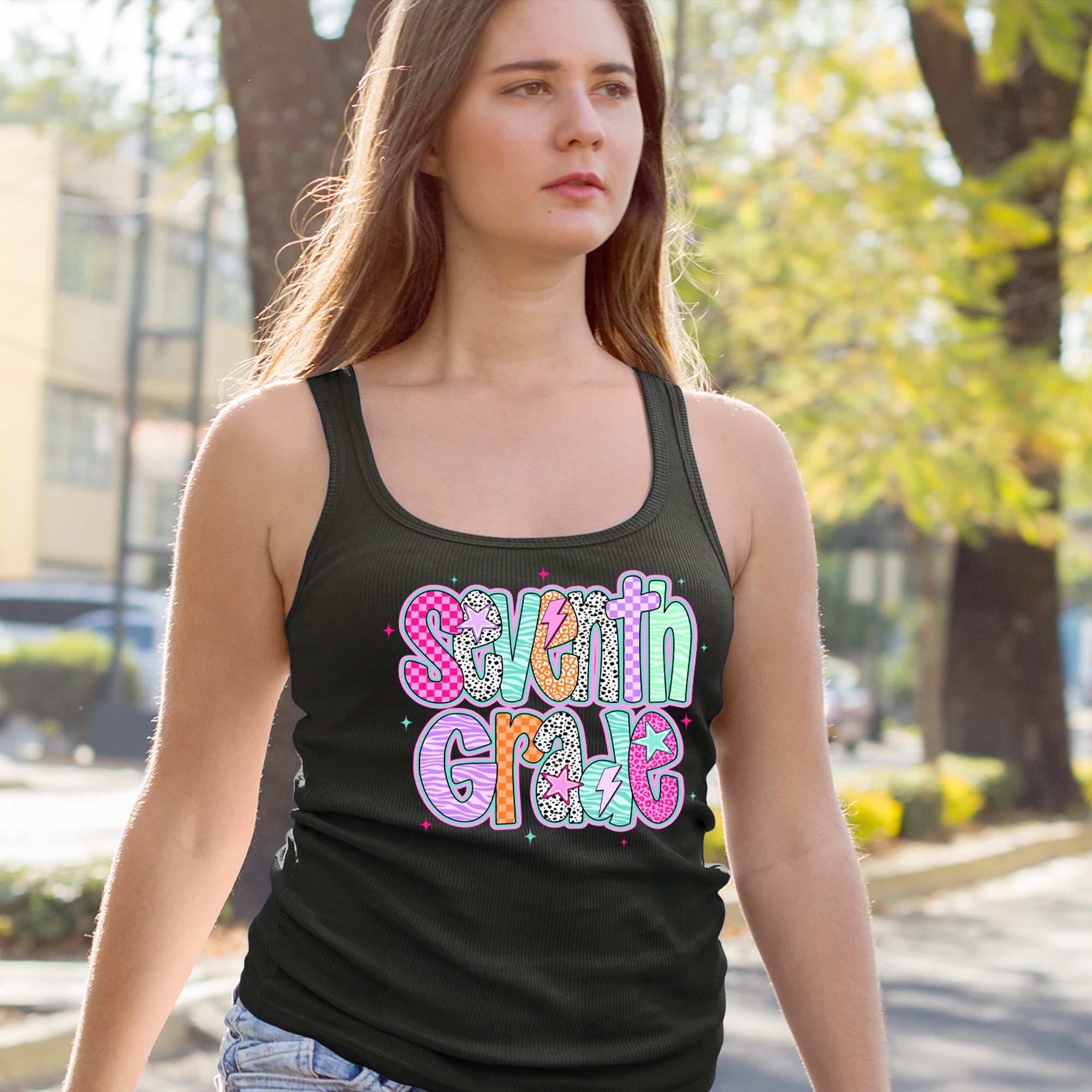 Seventh Grade Swagger Colorful Back to School Racerback Tank Top for Women 