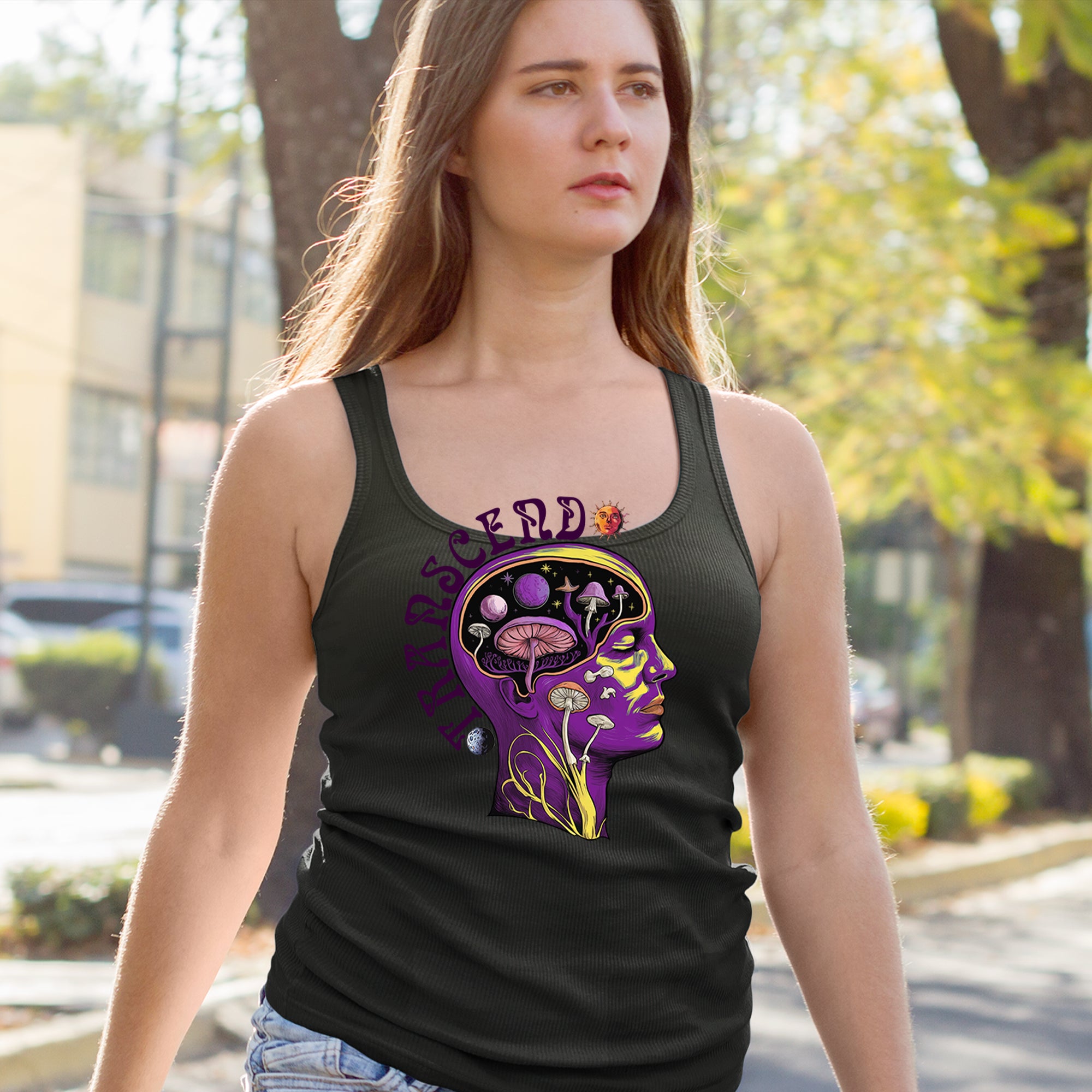 Psychedelic Cosmic Mushroom Head Racerback Tank Top for Women 