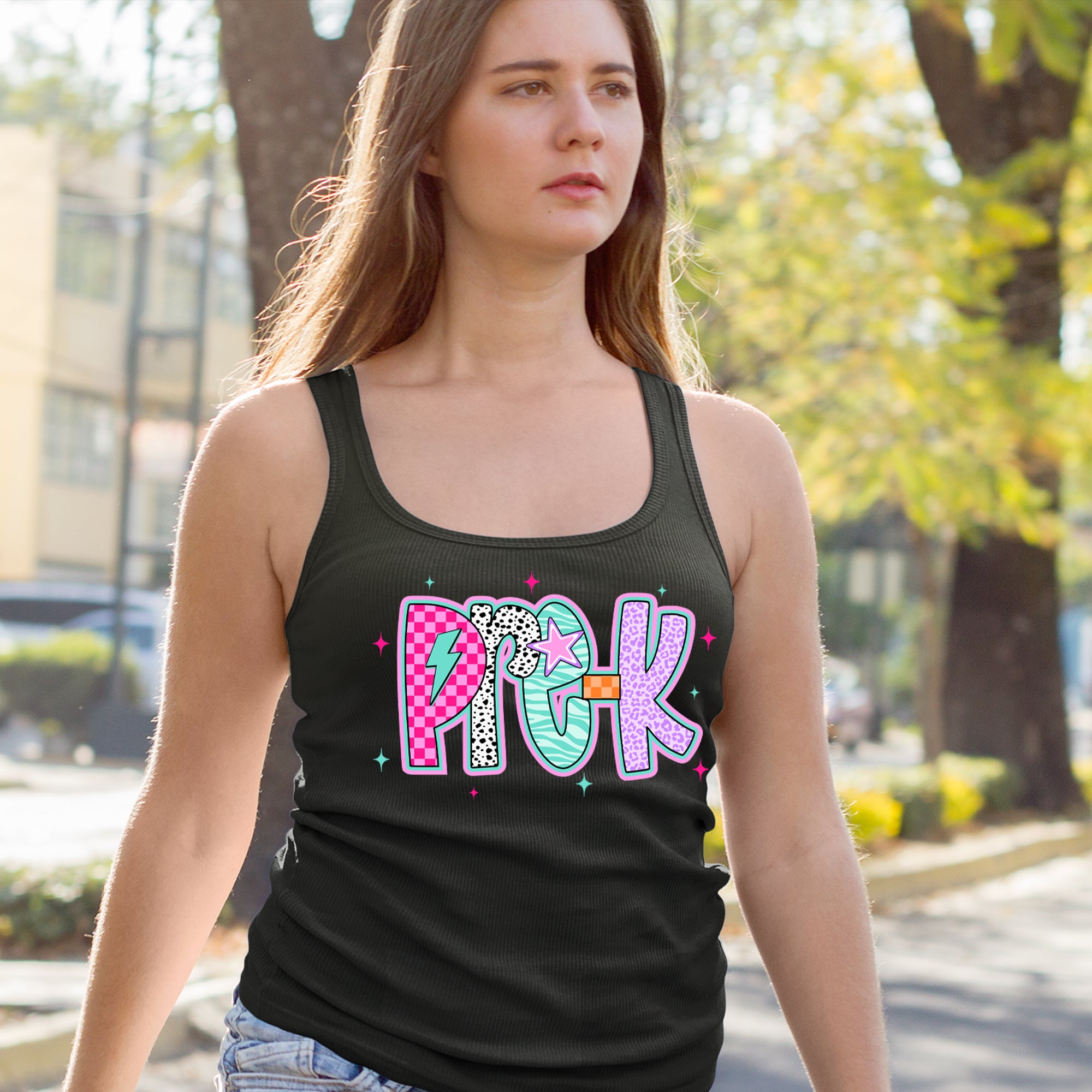 Pre-K Party Time Colorful Back to School Racerback Tank Top for Women 
