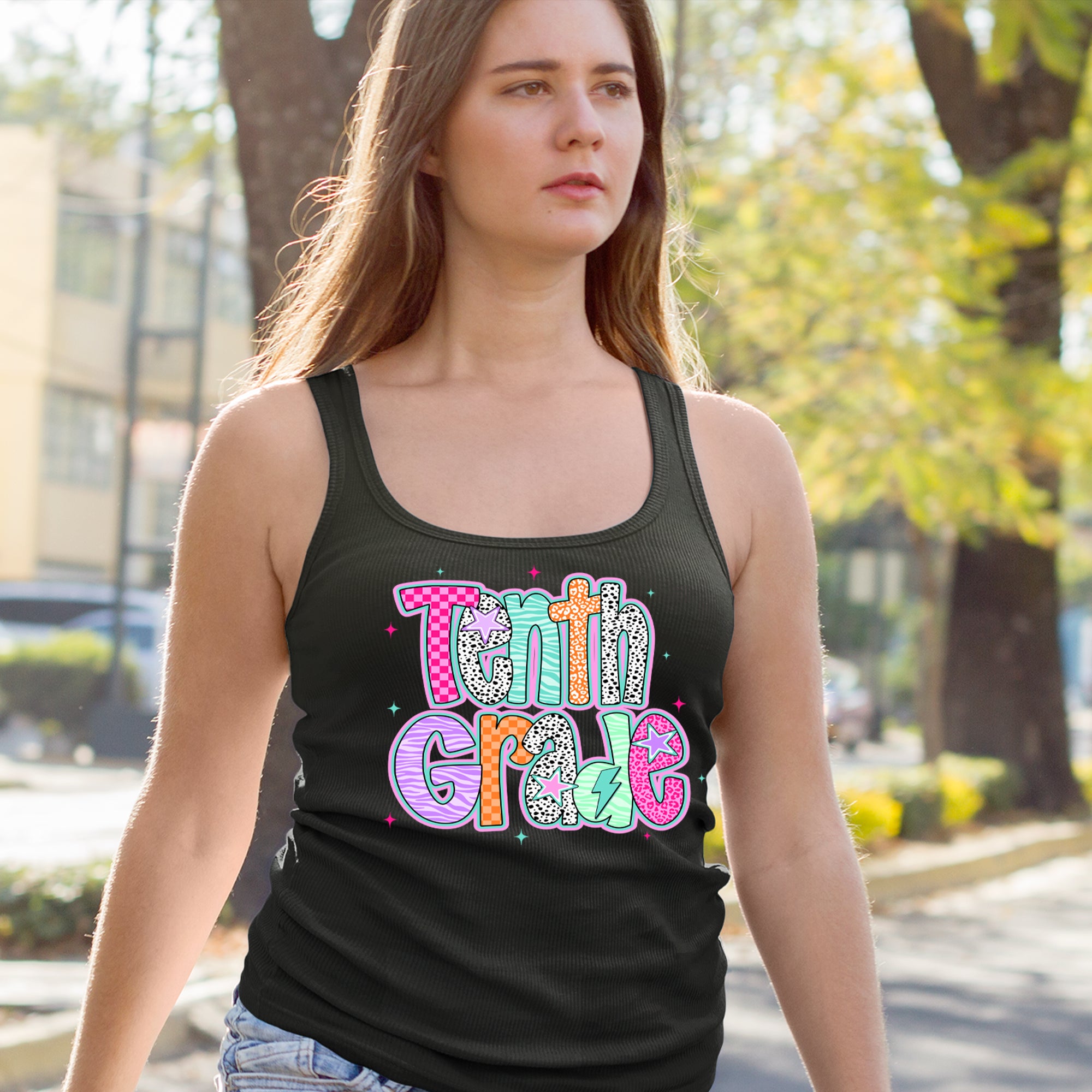 Tenth Grade Trendsetter Colorful Back to School Racerback Tank Top for Women 