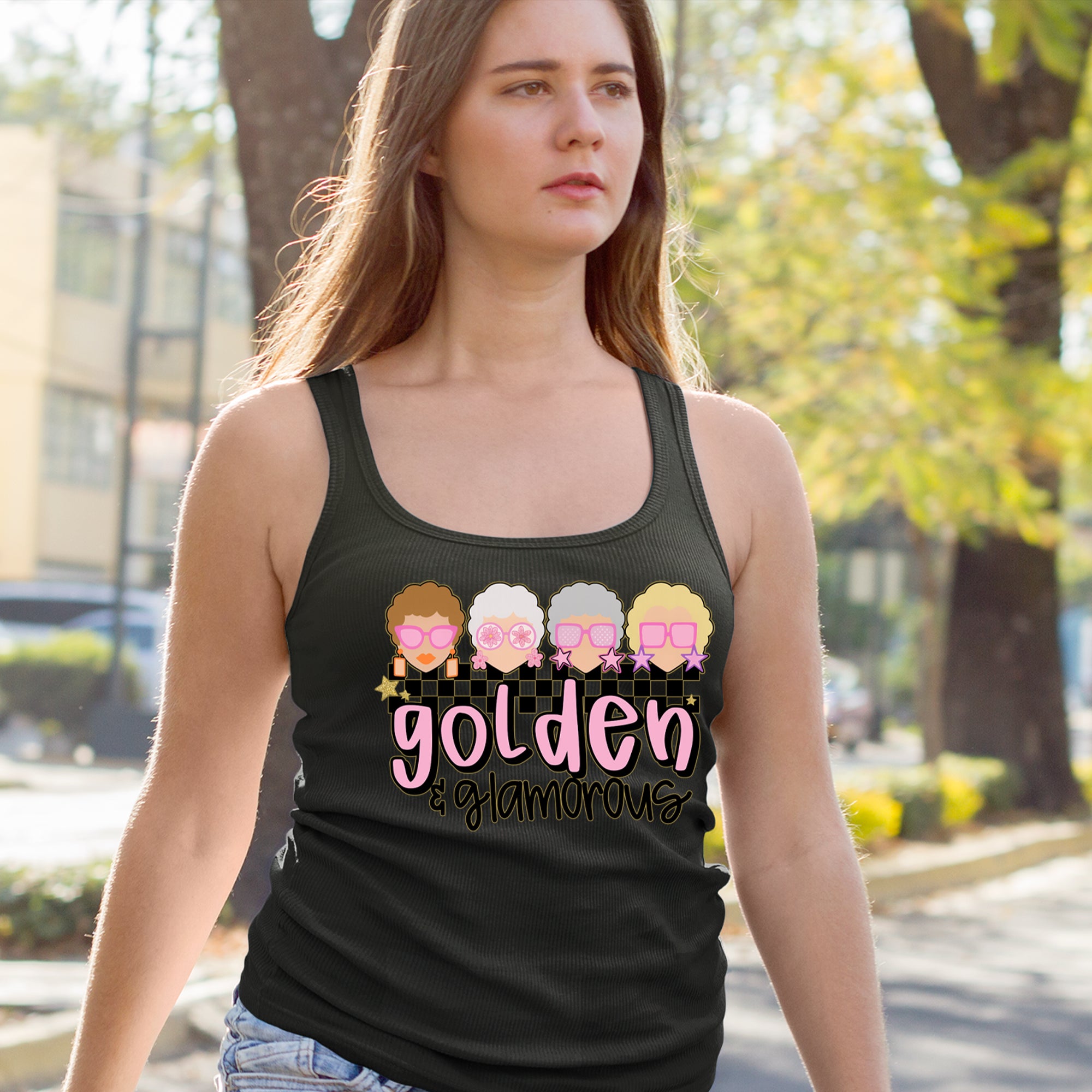 Golden And Glamorous Golden Girls Racerback Tank Top for Women 