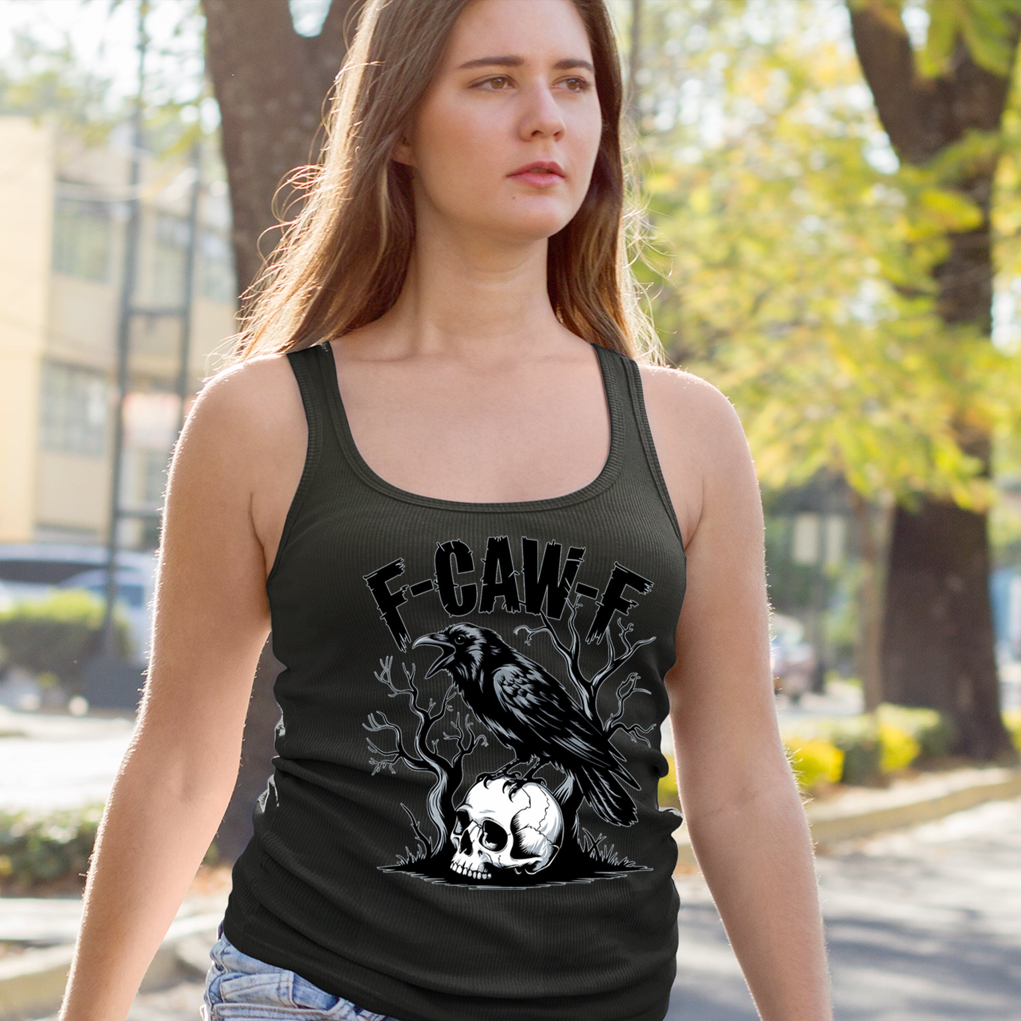 F-Caw-F Crow On Skull F-ck Off Gothic Racerback Tank Top for Women 