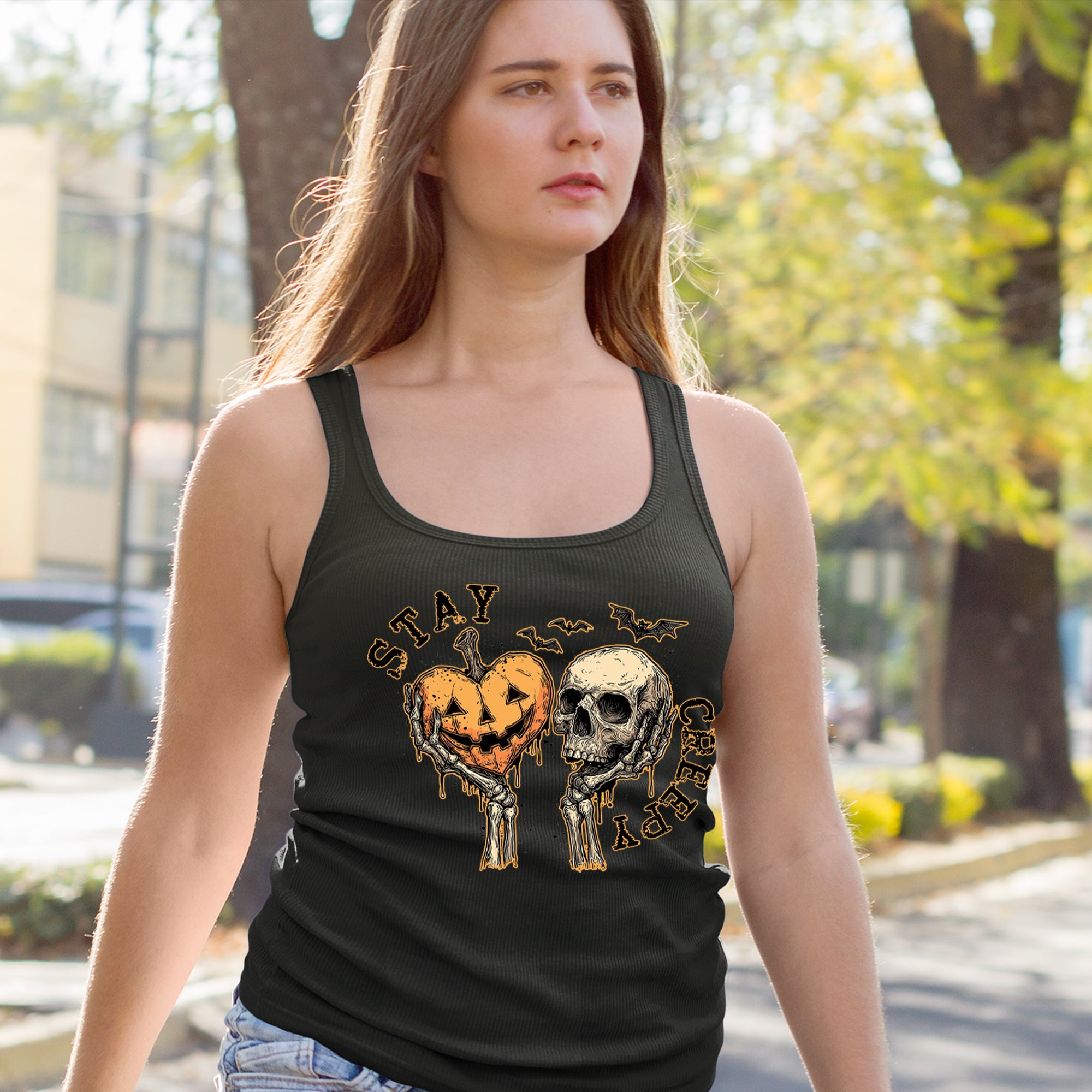 Stay Creepy Skull and Pumpkin Halloween Racerback Tank Top for Women 