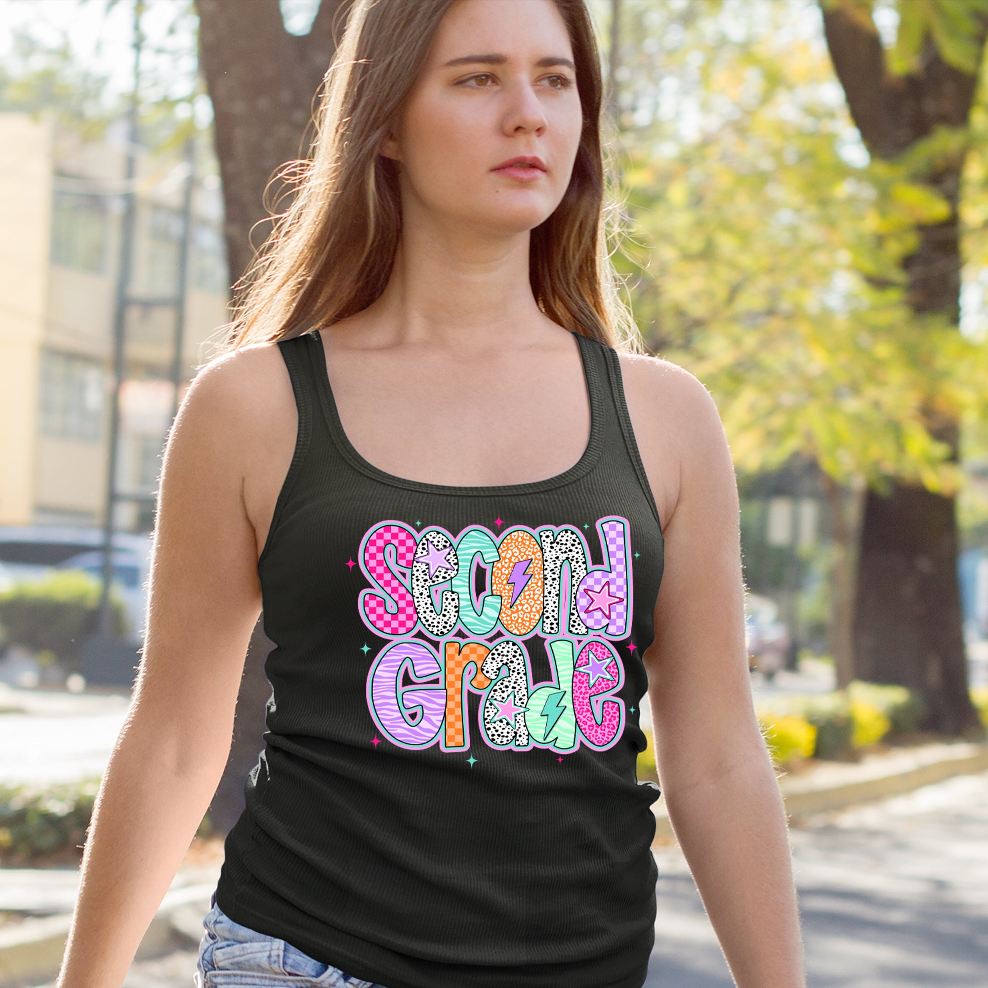 Second Grade Star Colorful Back to School Racerback Tank Top for Women 
