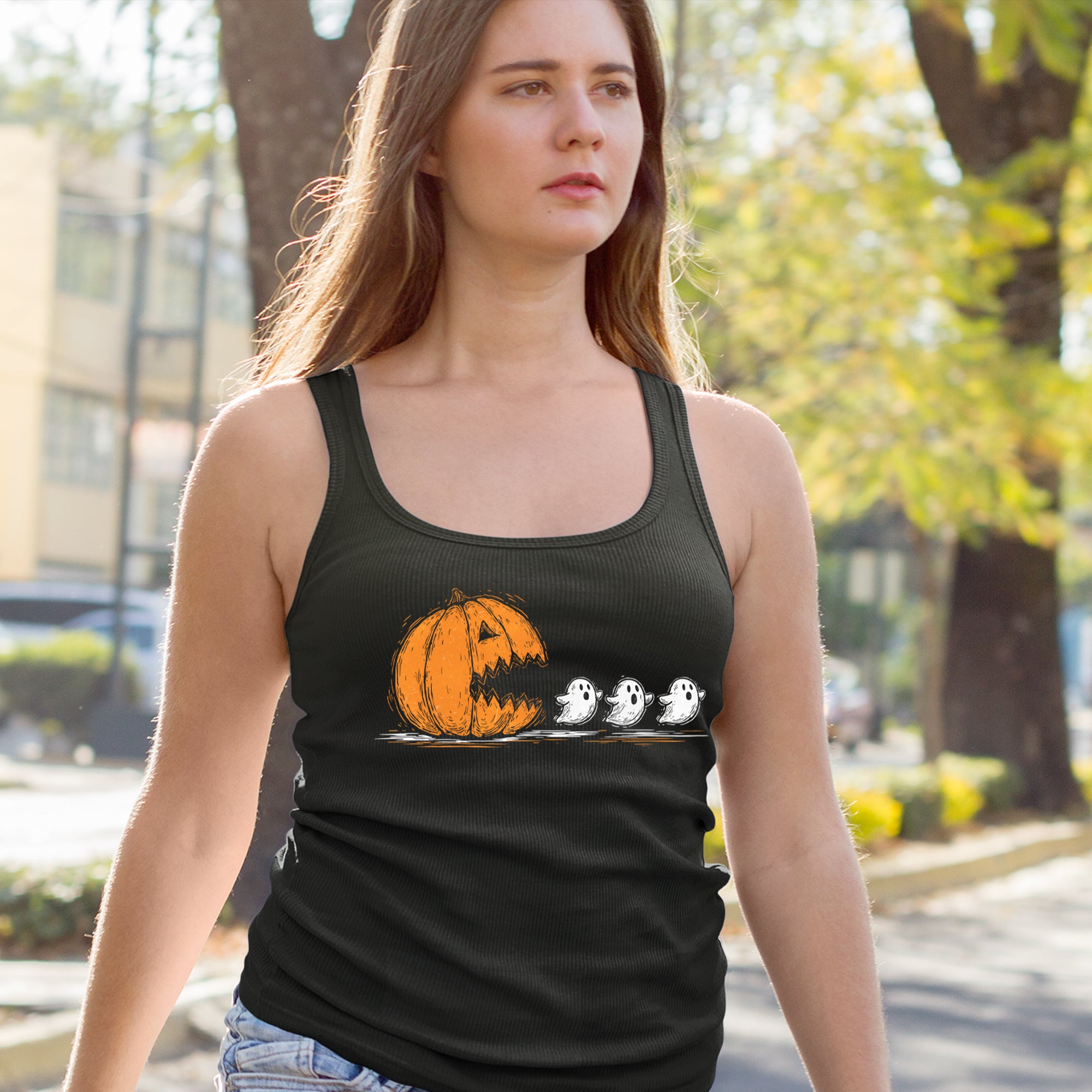 Pumpkin Pacman Chasing Ghosts Halloween Racerback Tank Top for Women 